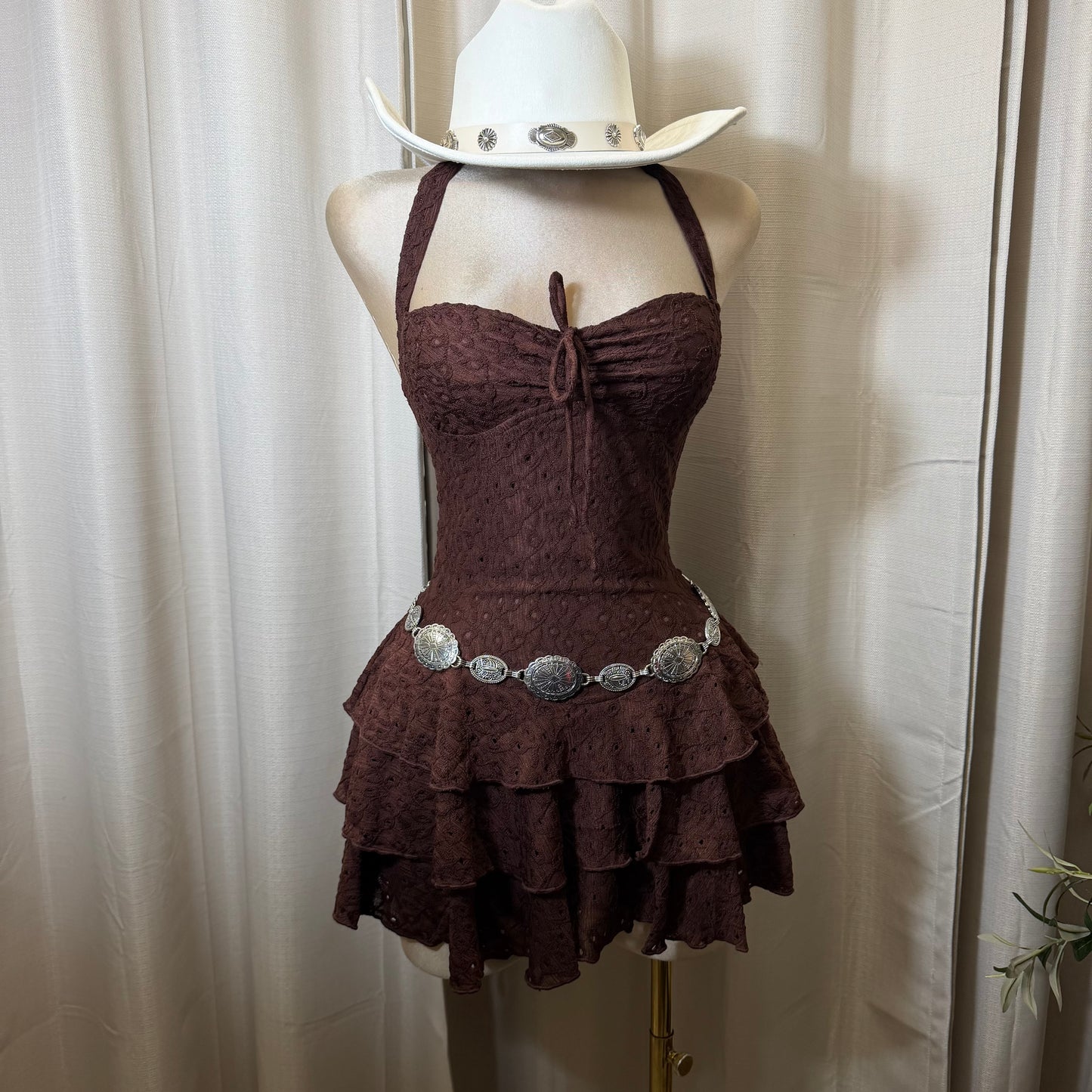 Eyelet halter neck Tiered Ruffle Mini Dress-Brown