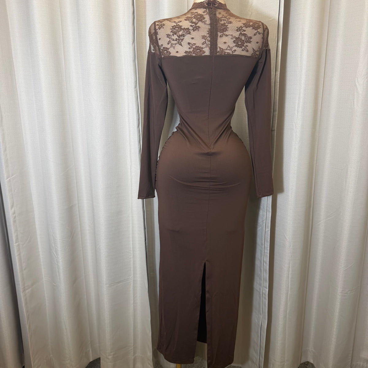 Lace Detail Long sleeve Corset Maxi Dress-Brown