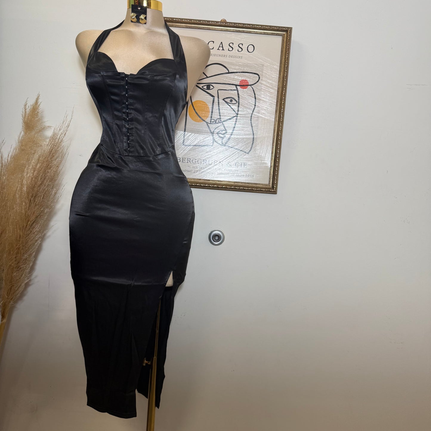 Corset Halter Satin Dress-Black