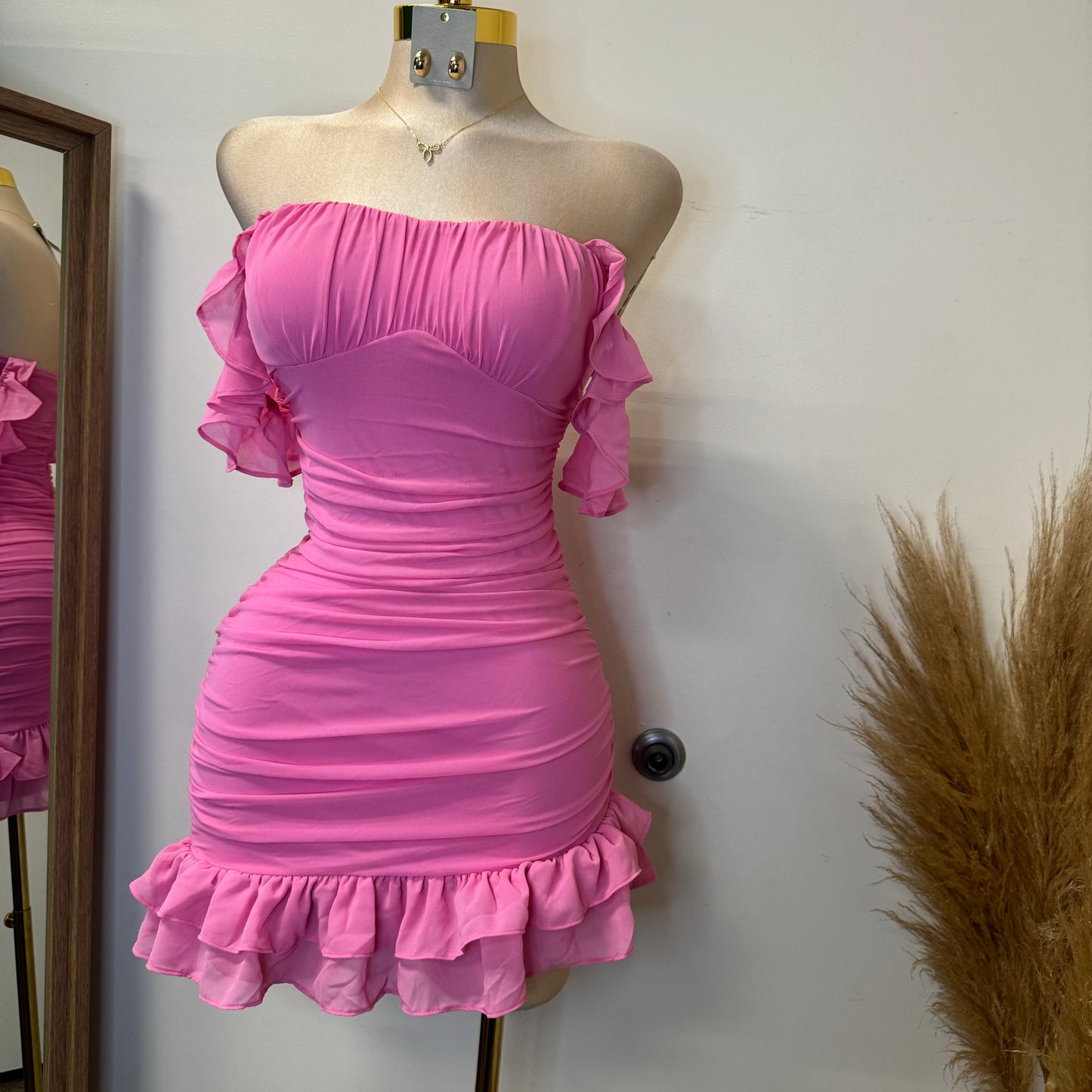 Annalise  Off Shoulder Mesh Asymmetrical Ruffle Hem Dress-Pink