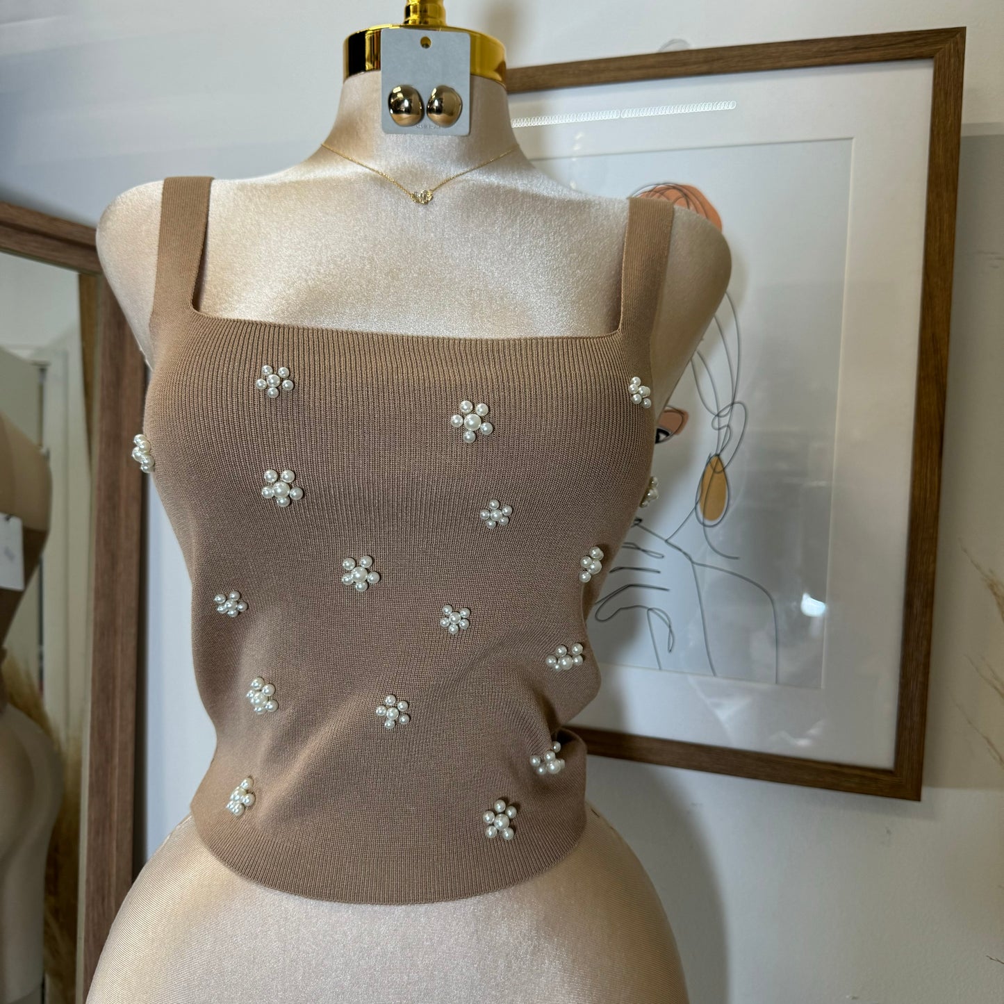 3D Flower Knit Tank Top-Taupe