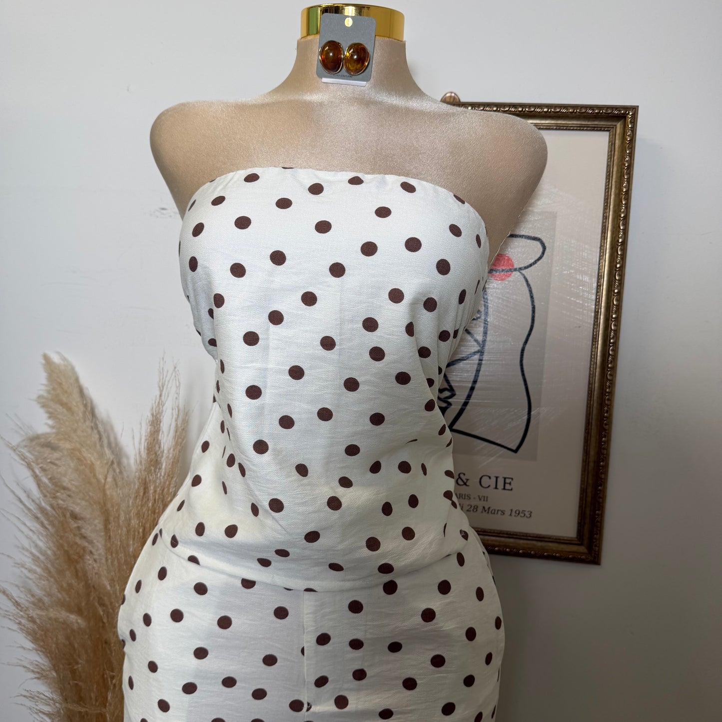 Polka Dot Strapless Wide leg Pant set-Ivory