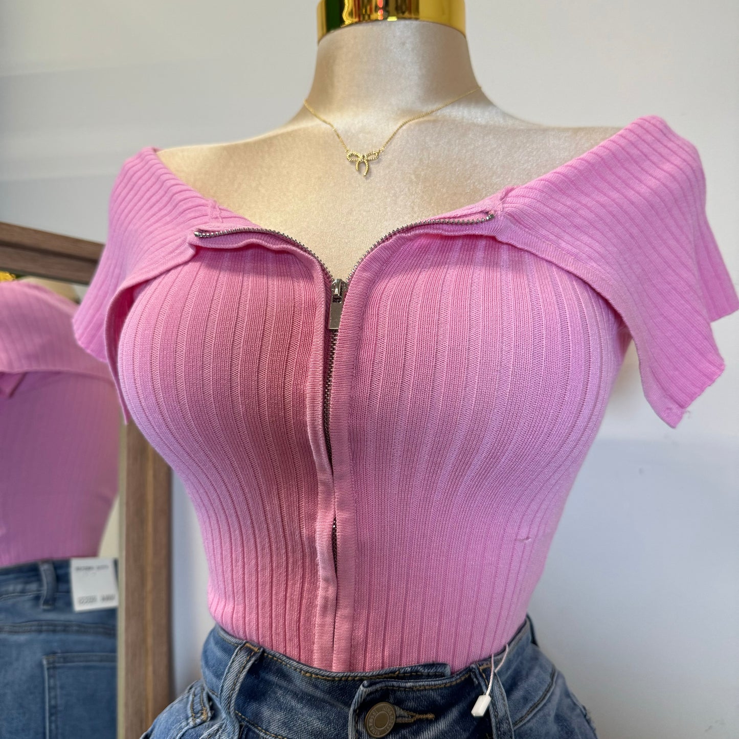 Solid Off Shoulder Top-Pink