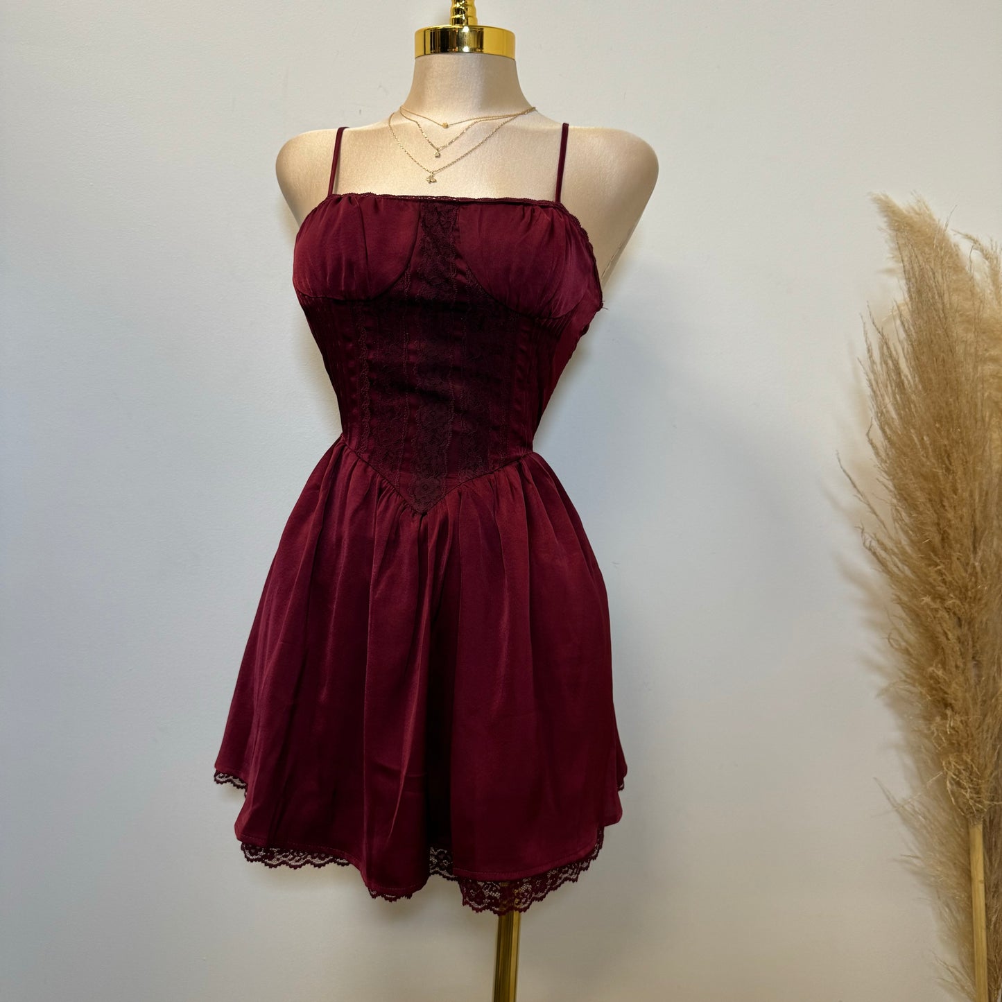 Corset Satin Dress-Burgundy