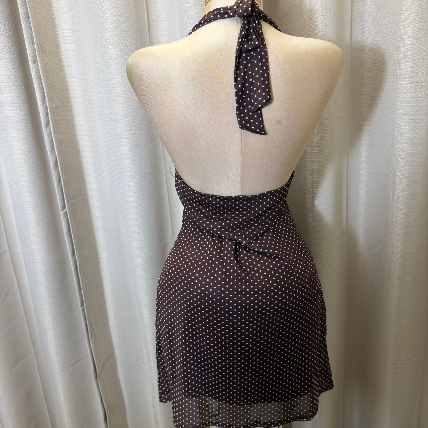 Polka Dot Mesh Halter Mini  Dress-Brown