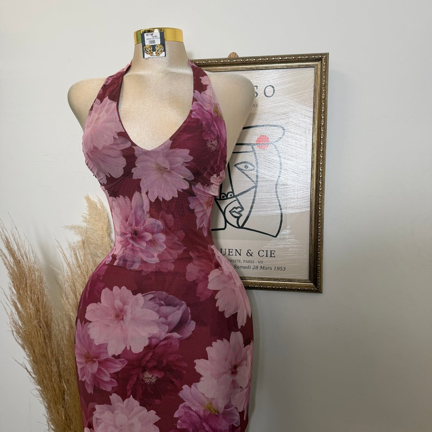 Mesh Print Halter Neck Back slit Maxi Dress-Mauve