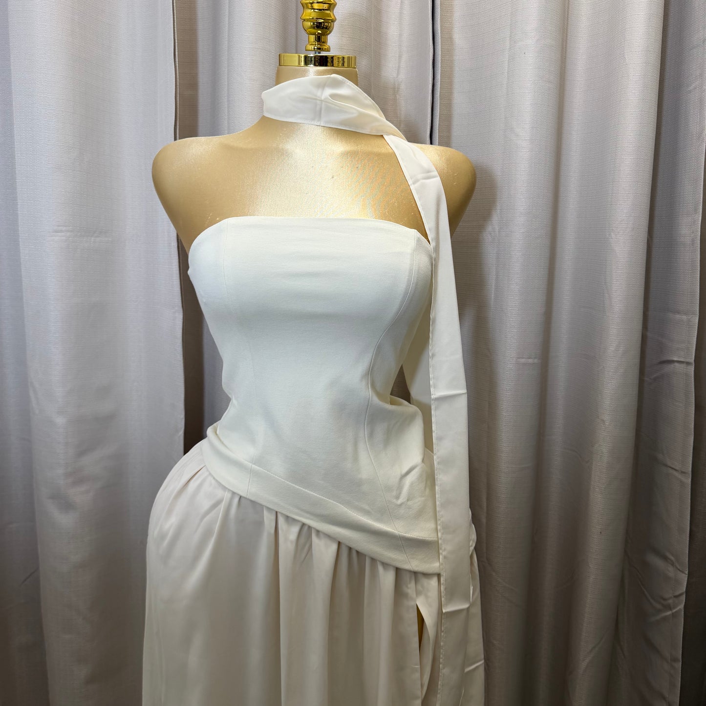 Strapless Scarf Neck Overlay Maxi Dress-Cream