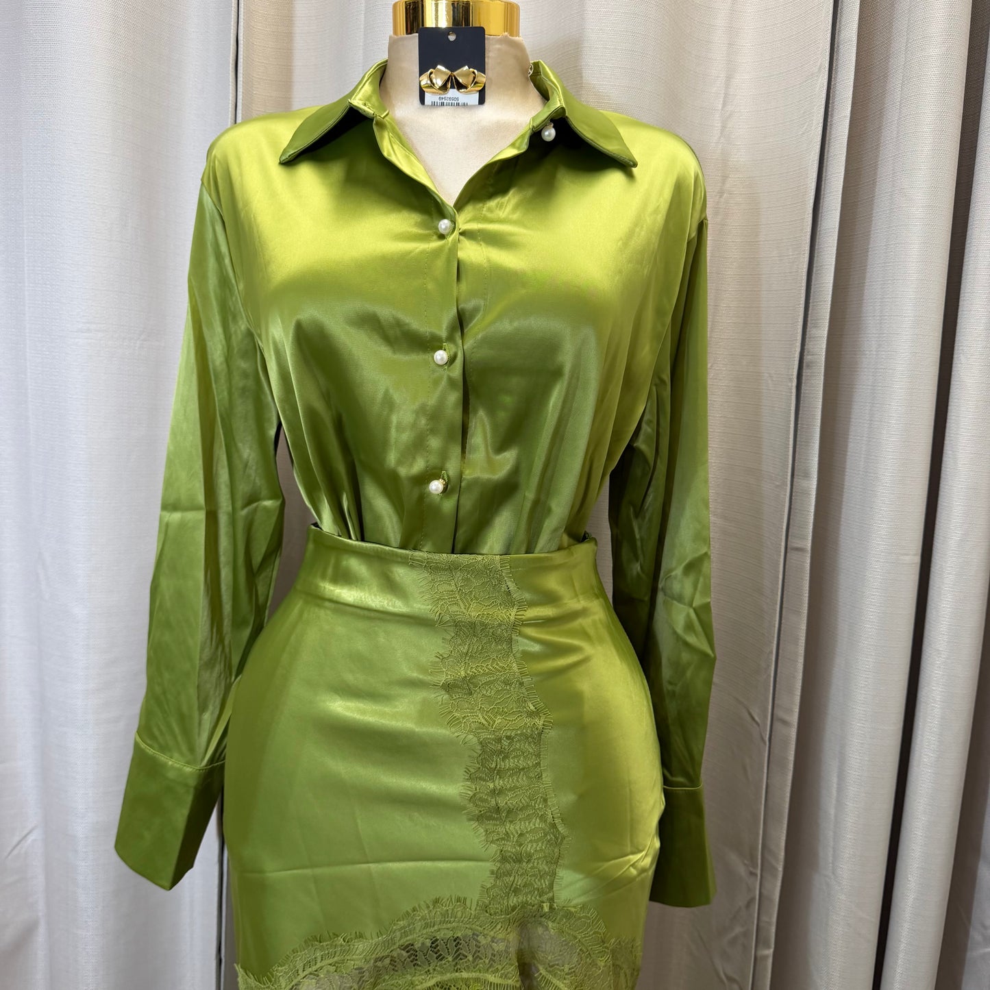 Satin Long Sleeve Top with Lace Skirt-Sage Green/Olive
