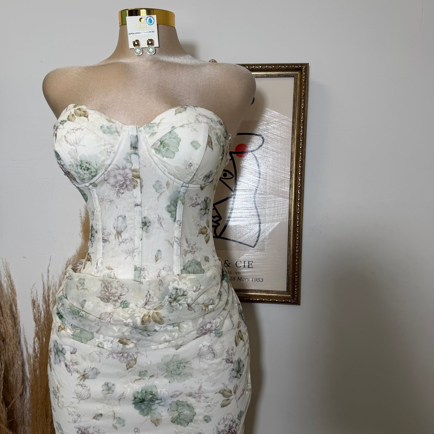 Strapless Floral Print Corset Midi Dress-Green Multi