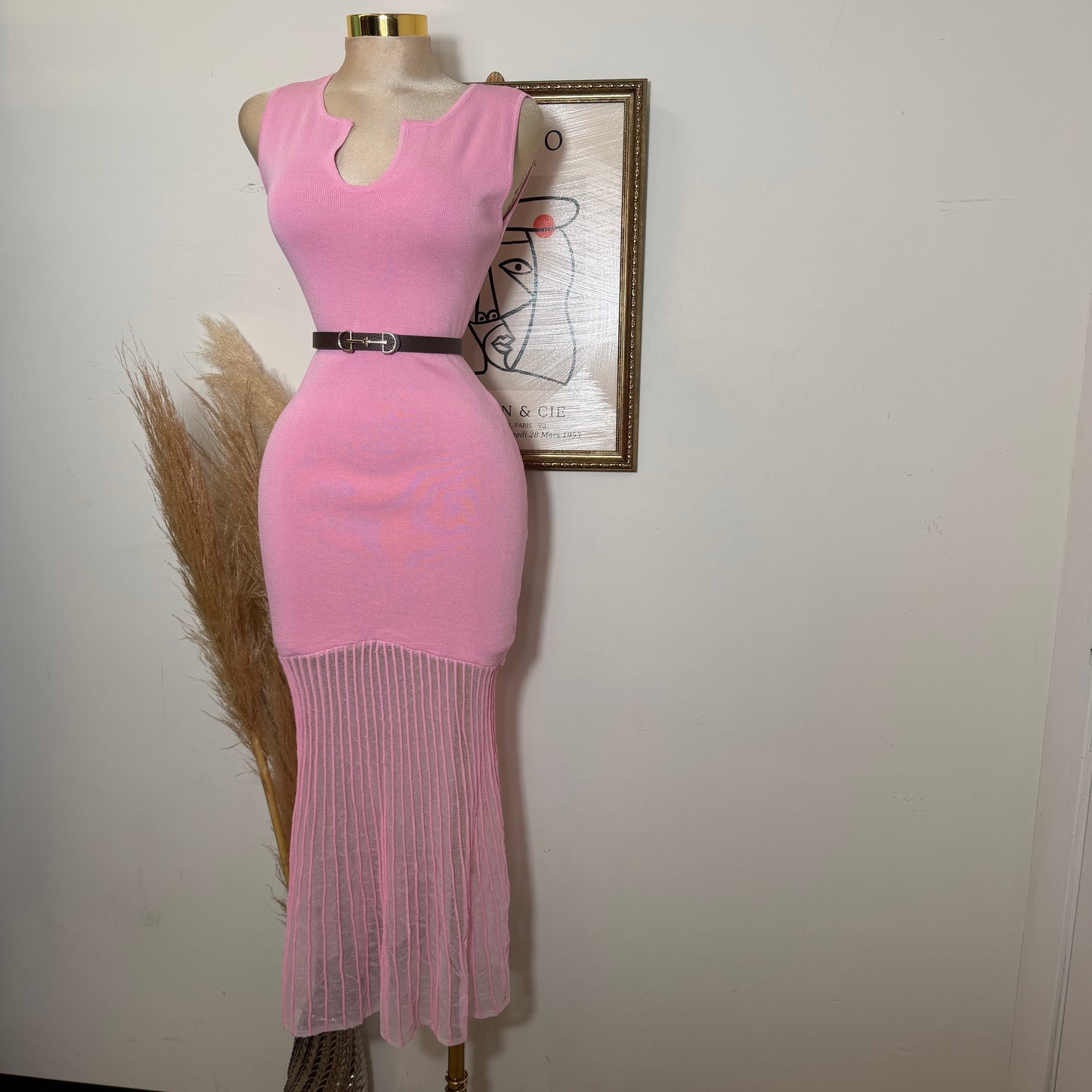 Sleeveless Maxi Knit Dress with Contrast-Pink