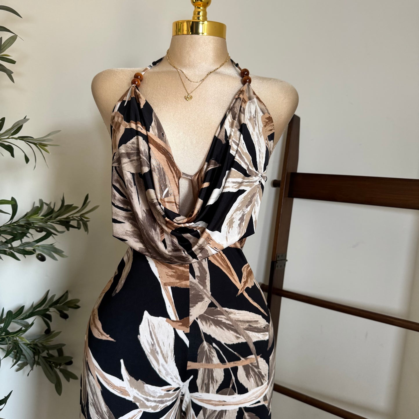 Bead Cowl Neck Halter Jumpsuit-Leaf Print