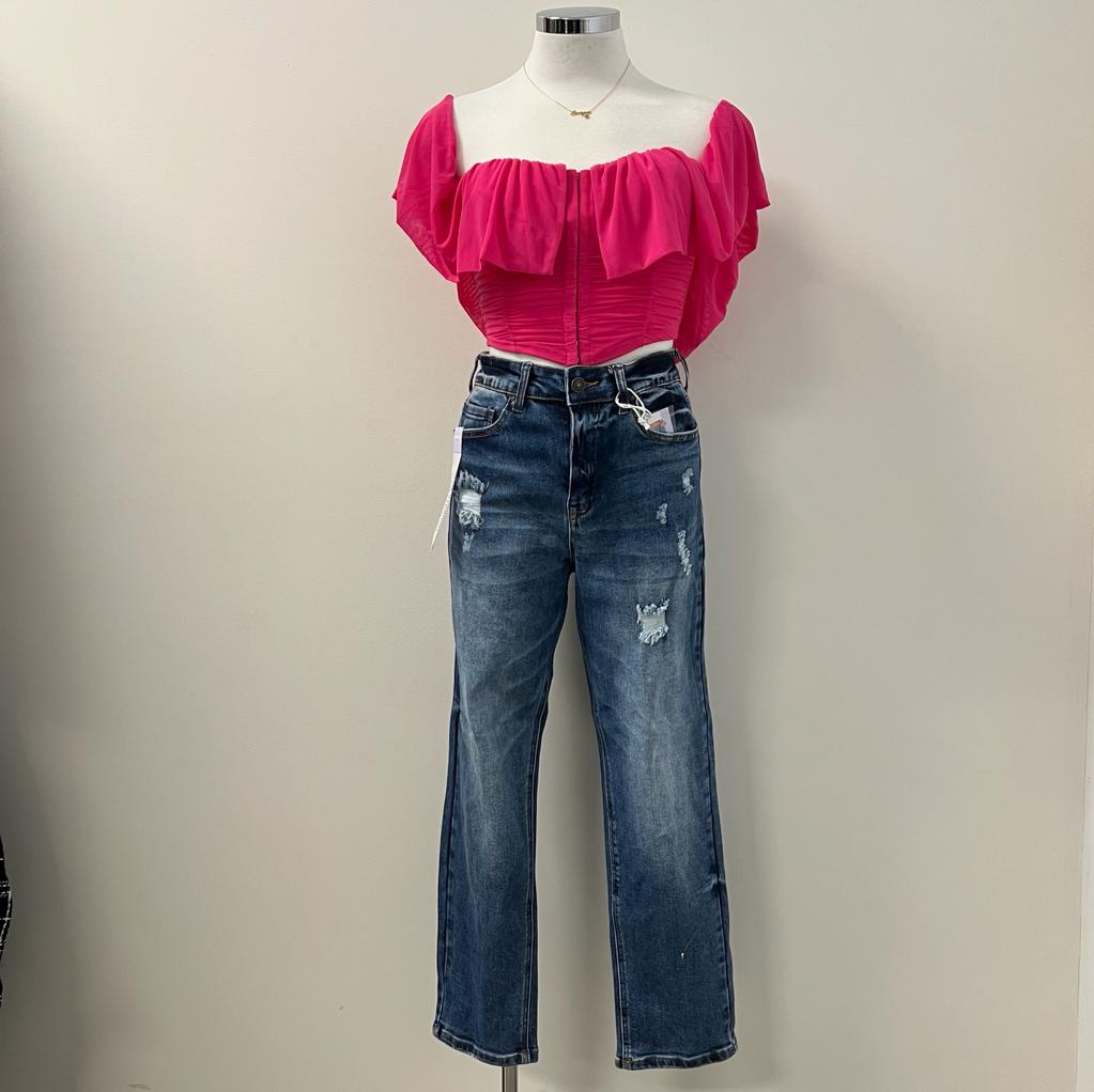 Kiera Off Shoulder Mesh Crop Top -Hot Pink