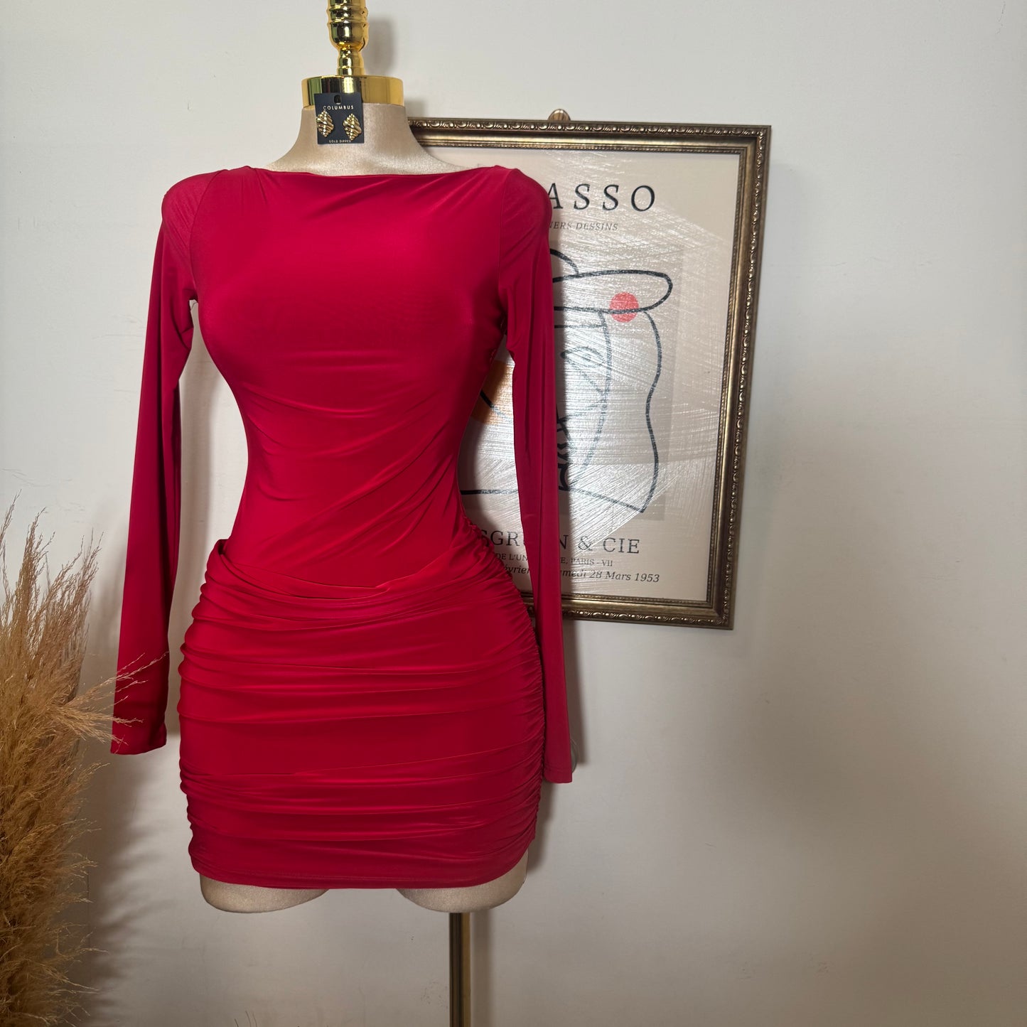 Long Sleeve Ruched Mini Dress-Red