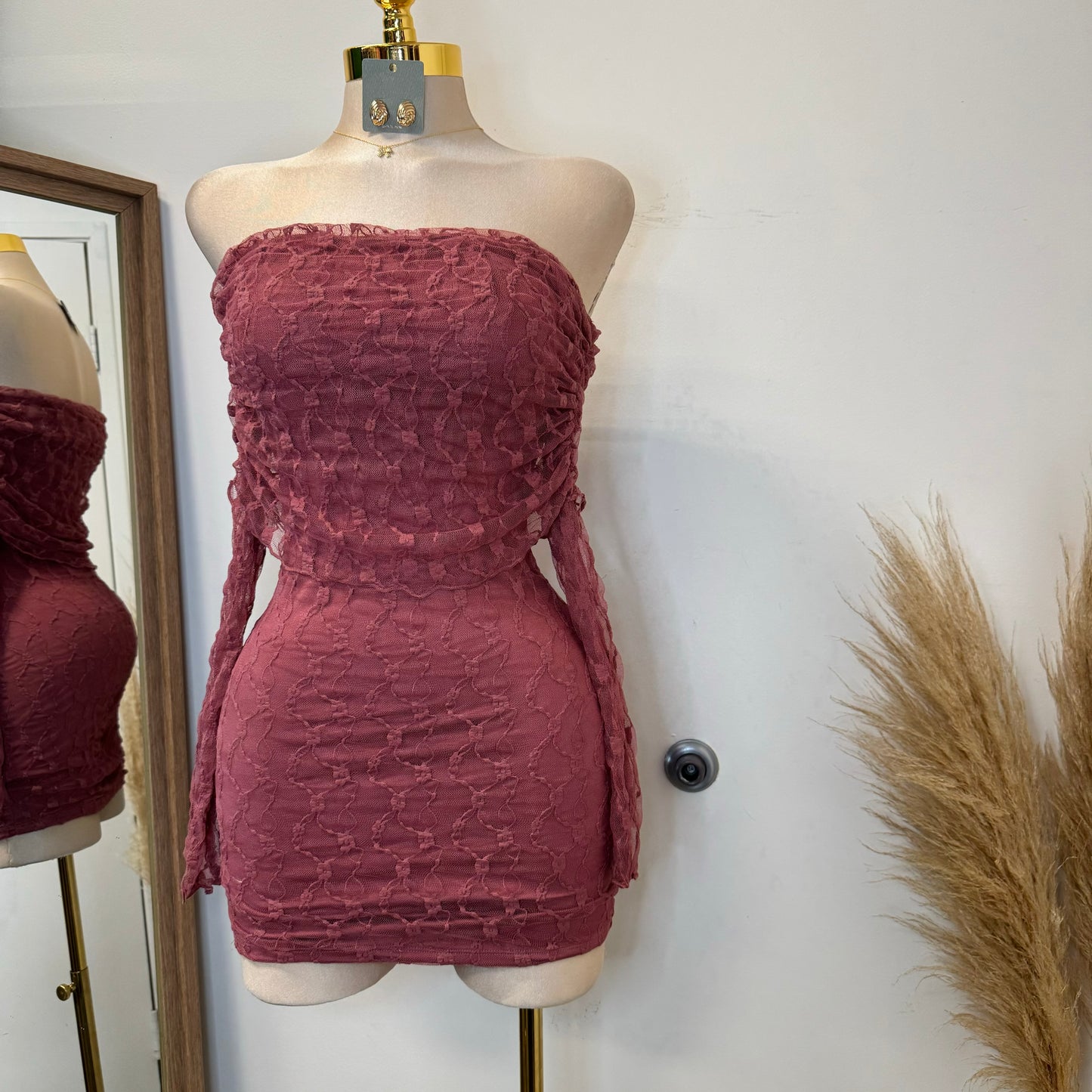 Lace Off shoulder Dress-Pink