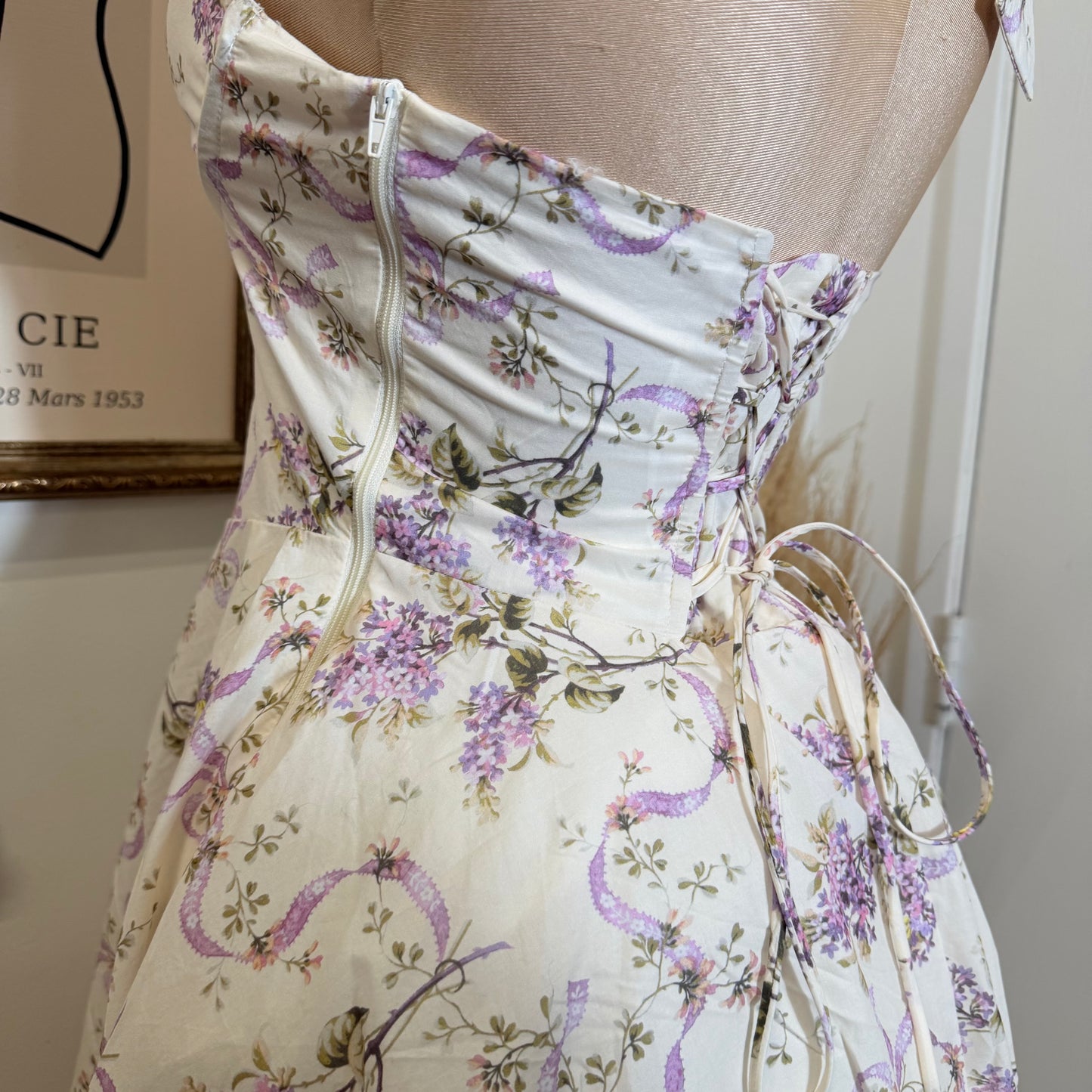 Ribbon Print Fabric Halter Corset Midi Dress-Lavender