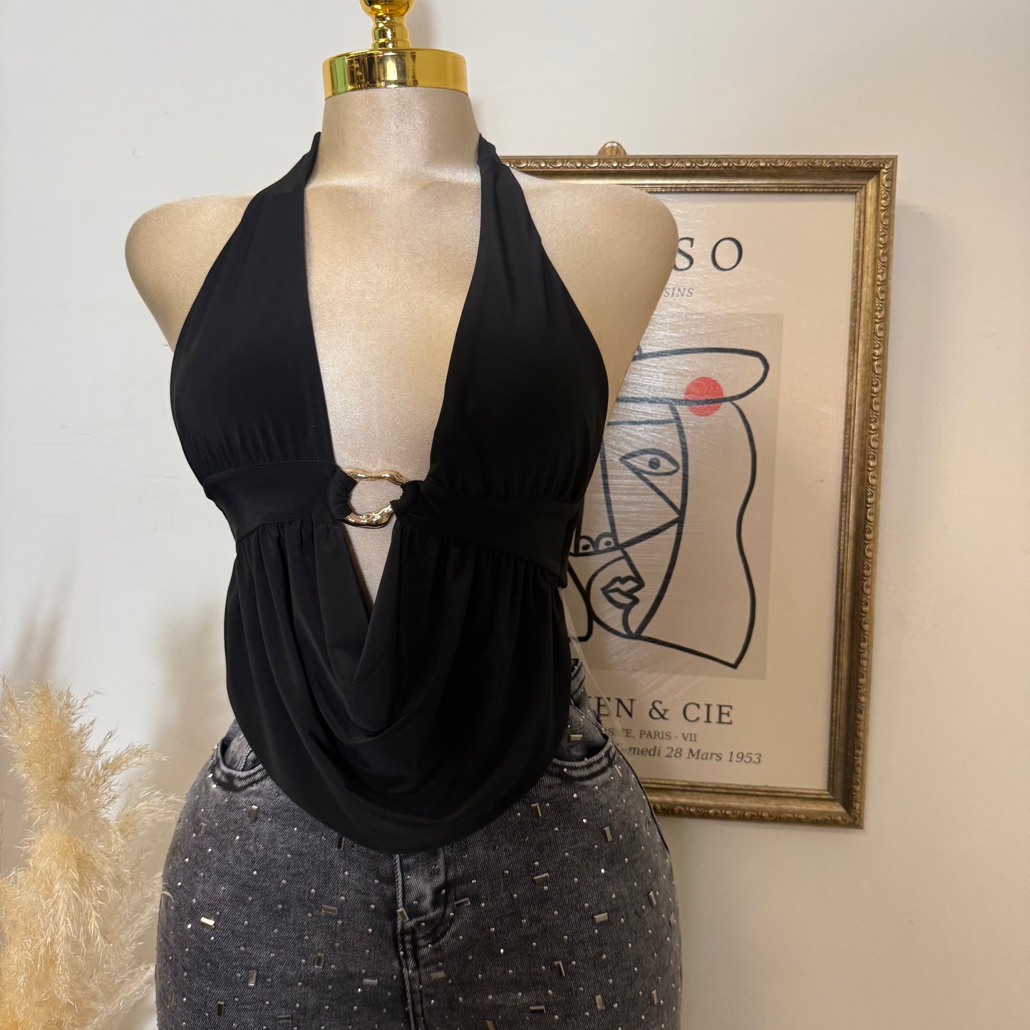 Halter cowl Neck Open Back Top-Black
