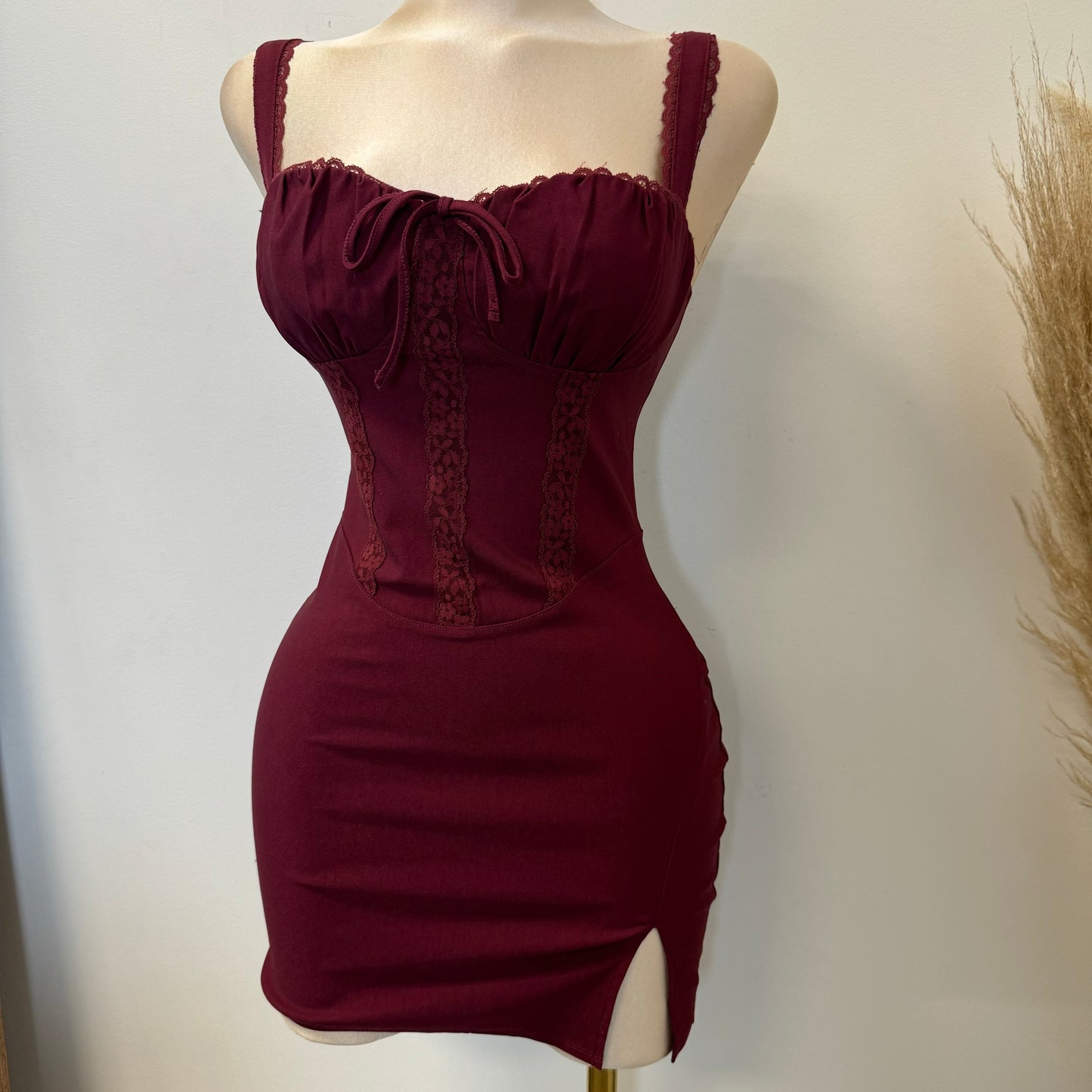 Hera Lace Trim Mini Dress-Burgundy