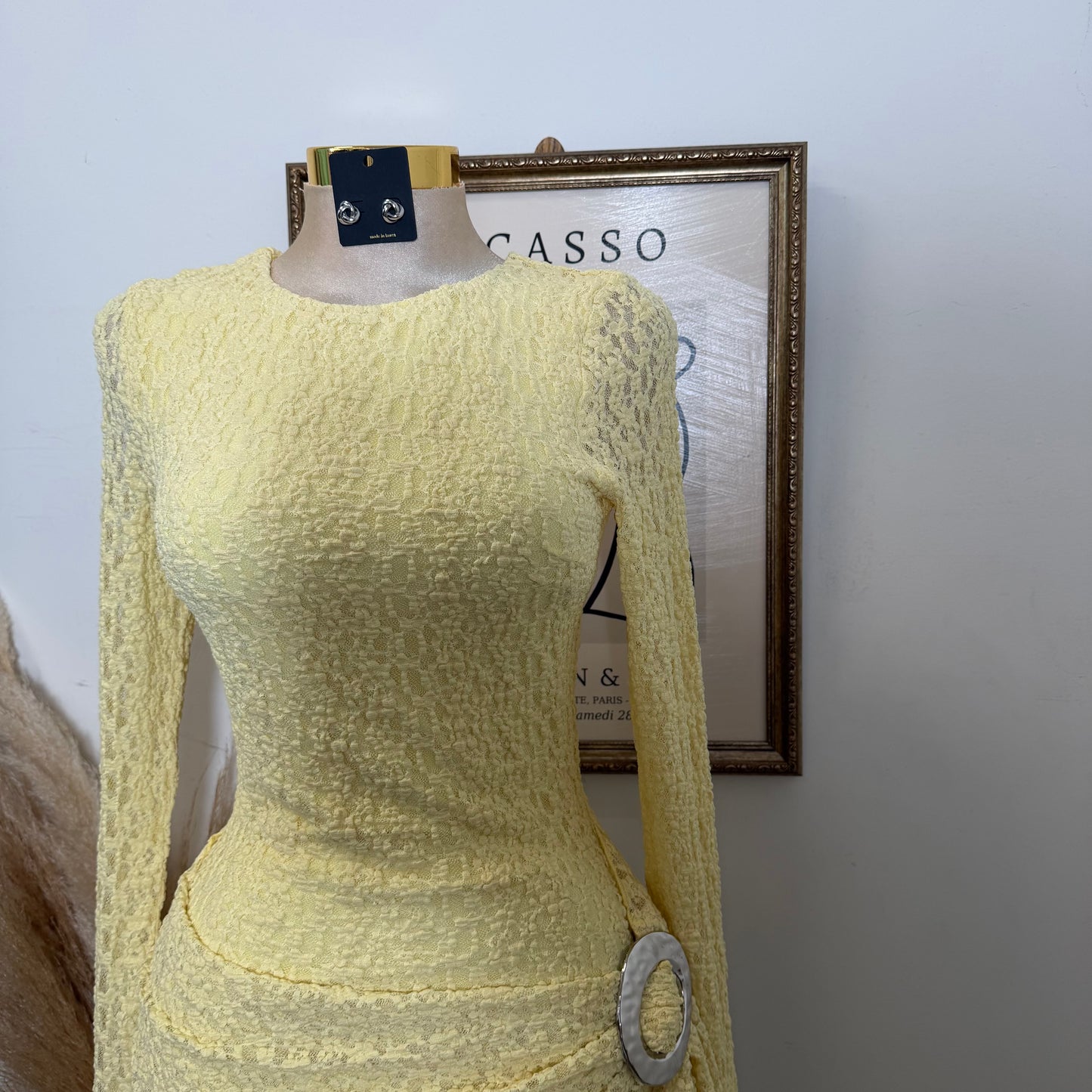 Long Sleeve Gold Detail Dress-Butter Yellow