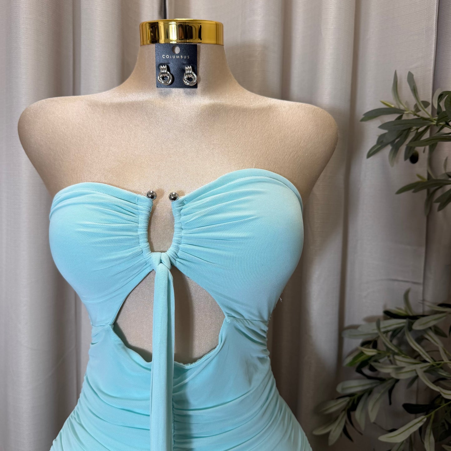 Tube Mesh Maxi Dress With front keyhole and tie Detail-Aqua