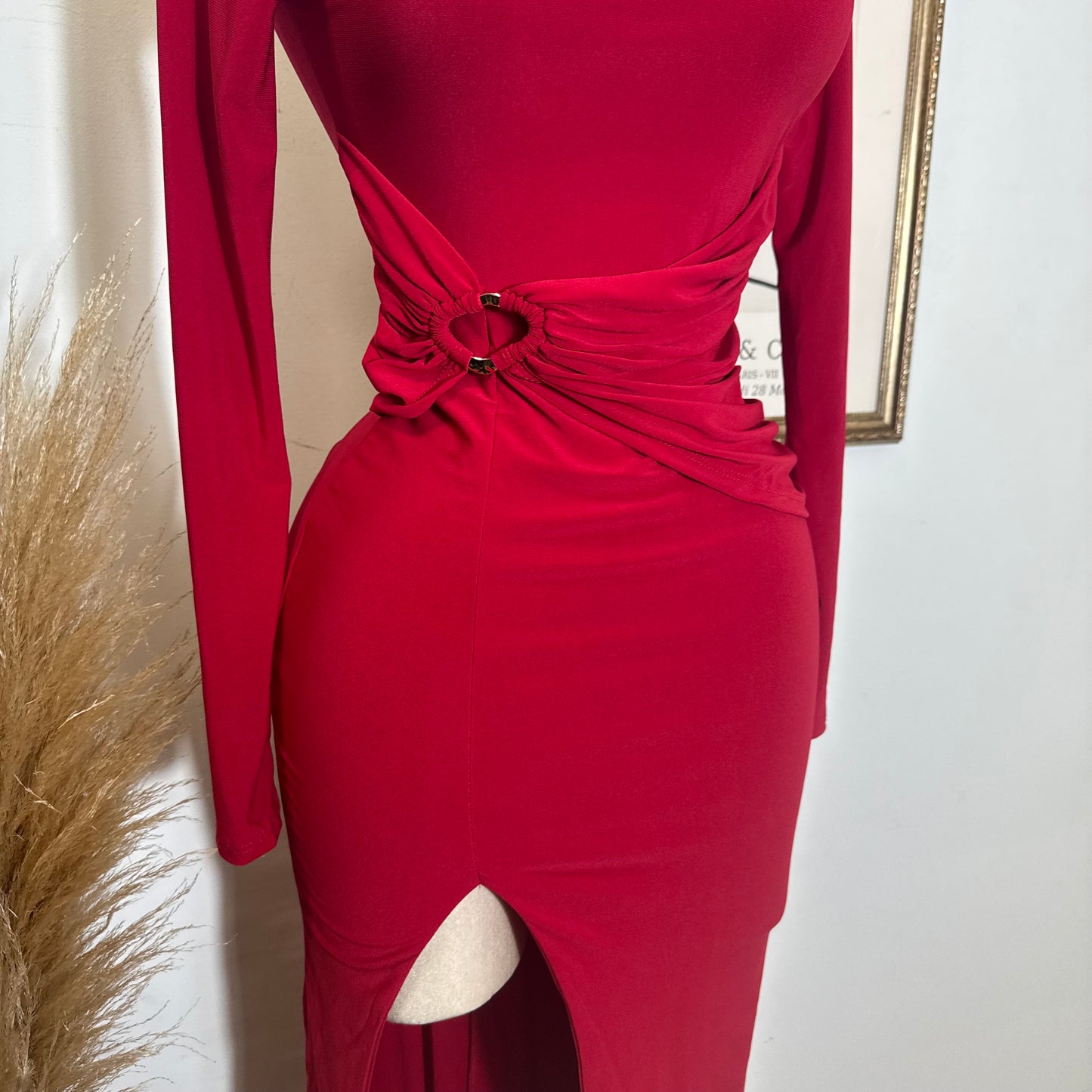 Long Sleeve Open Slit Dress-Red