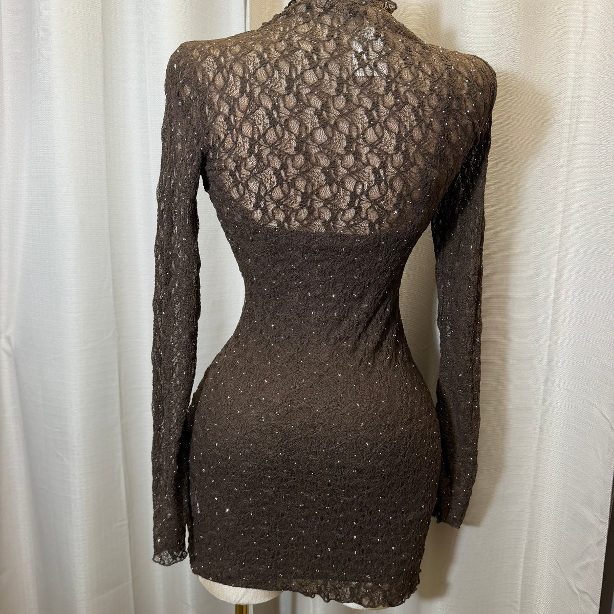 Long Sleeve Rhinestone Lace Dress-Brown