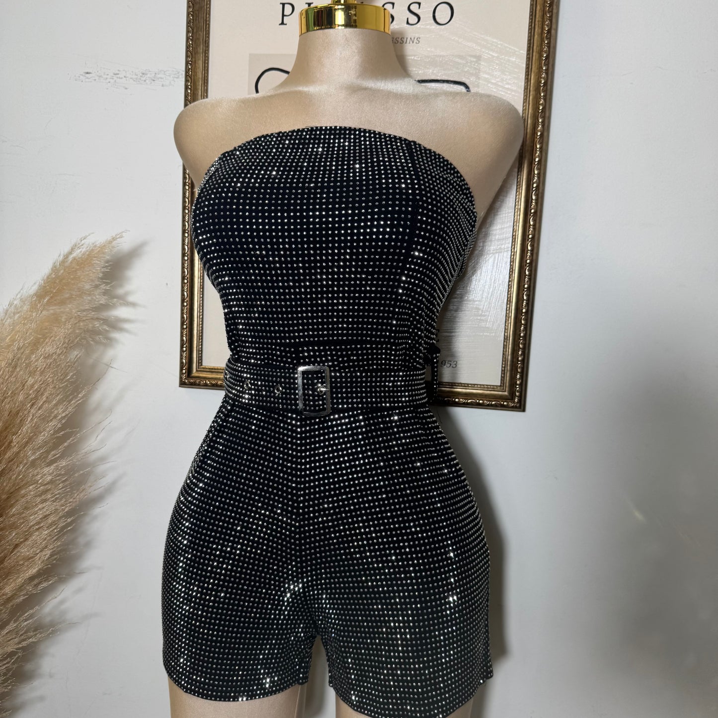 Strapless Rhinestone Romper With Belt-Black