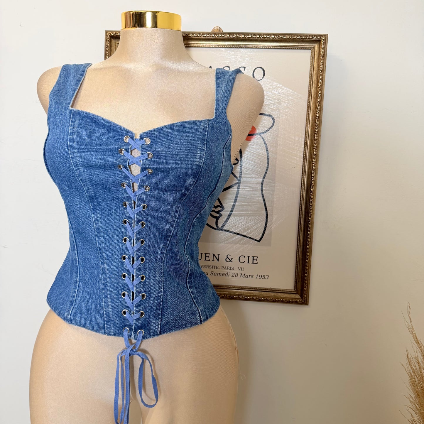 Lace up Denim Crop Top-Medium Blue