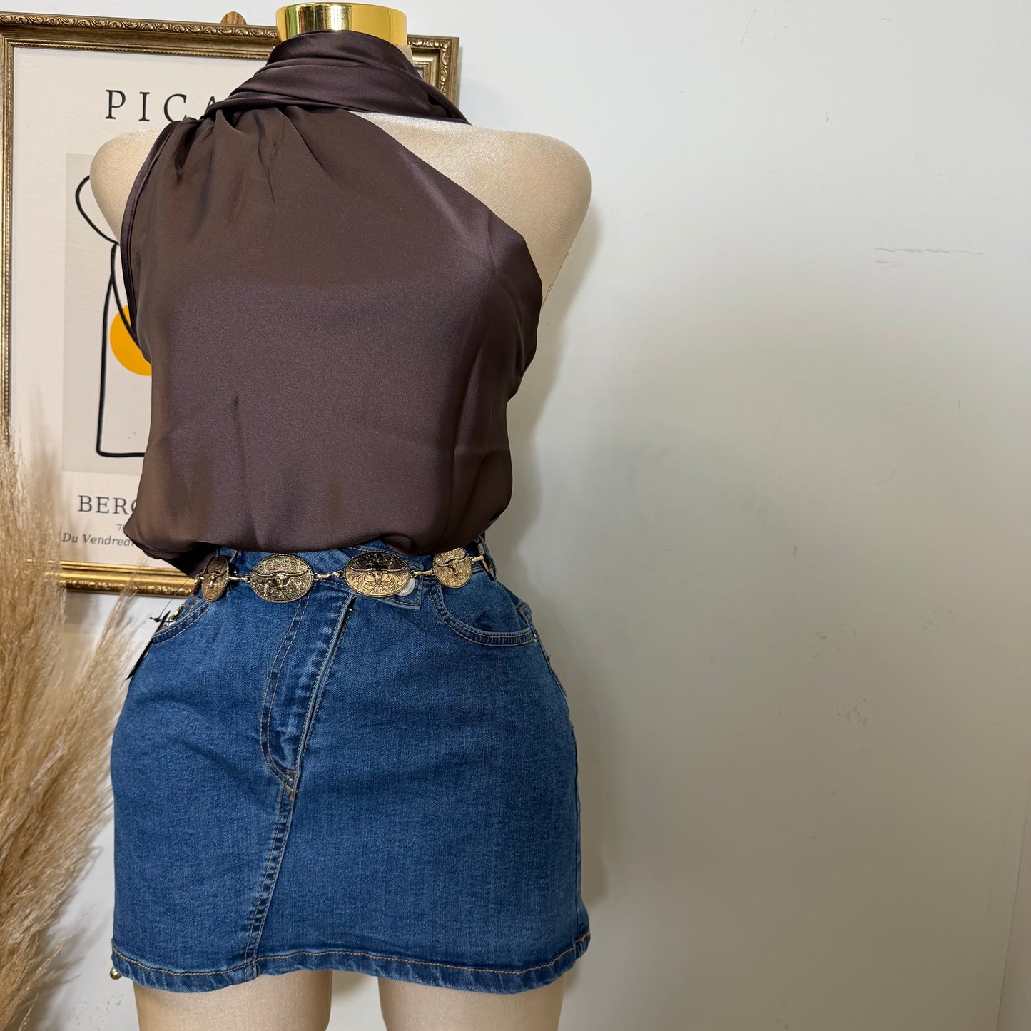 One Shoulder Satin Top w/ Scarf Detail-Brown