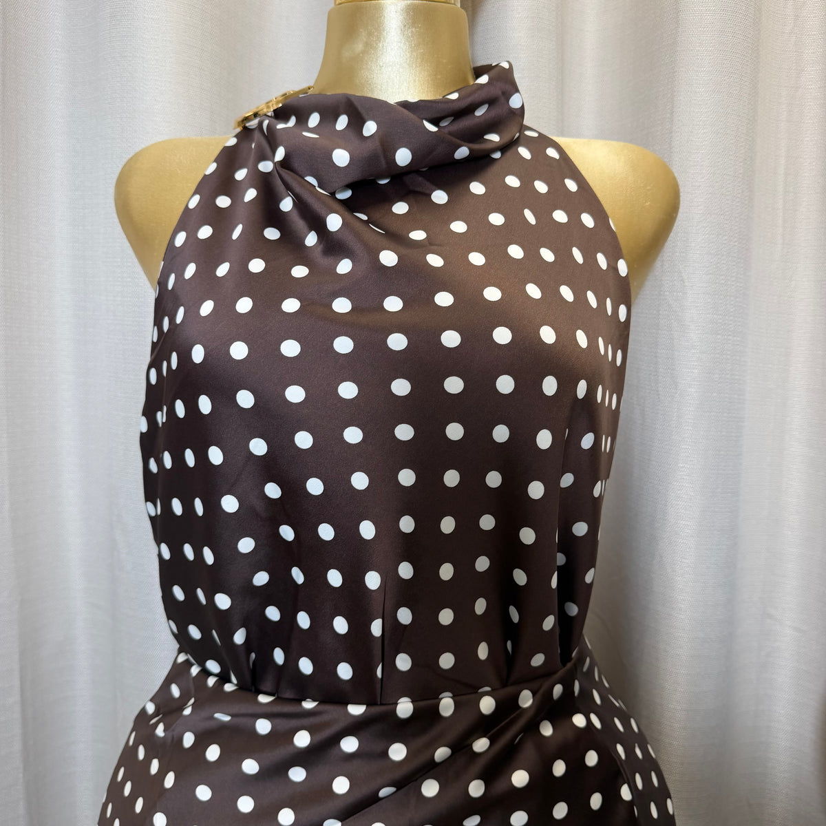PL-Satin Halter Polka Dot Top-Brown/White