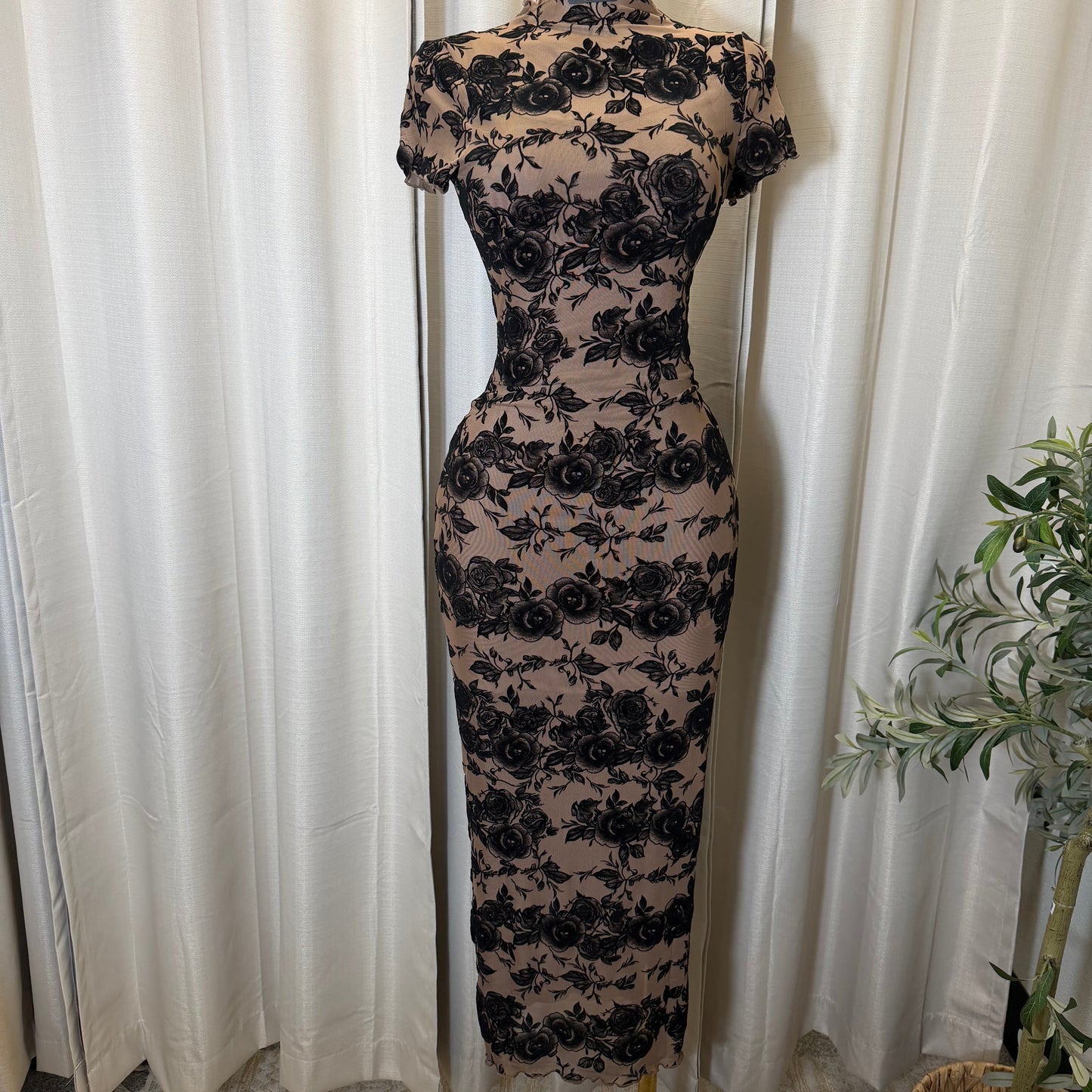 Luxi Mesh Flower Print Dress-Brown