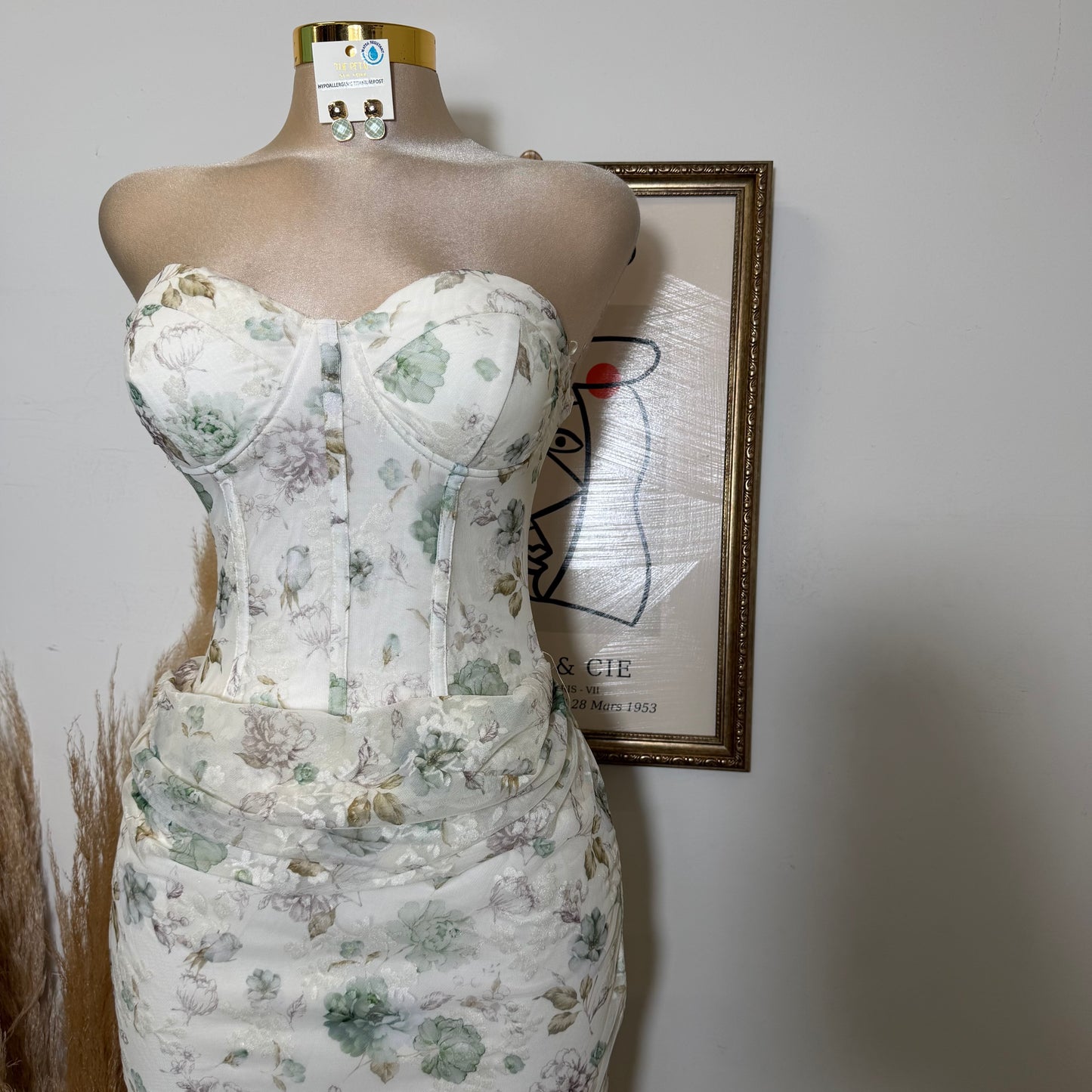 Strapless Floral Print Corset Midi Dress-Green Multi