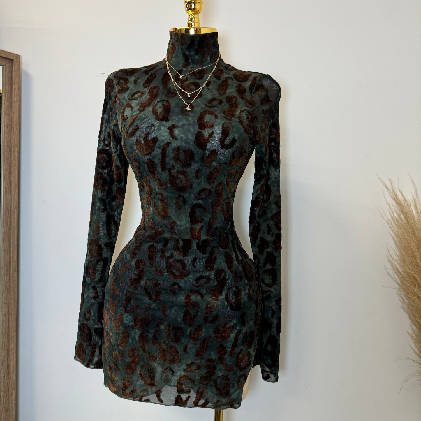 Cheetah Mesh Long Sleeve Dress-Multi Brown