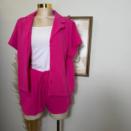 Short sleeve shirt & Short set-Fuchsia