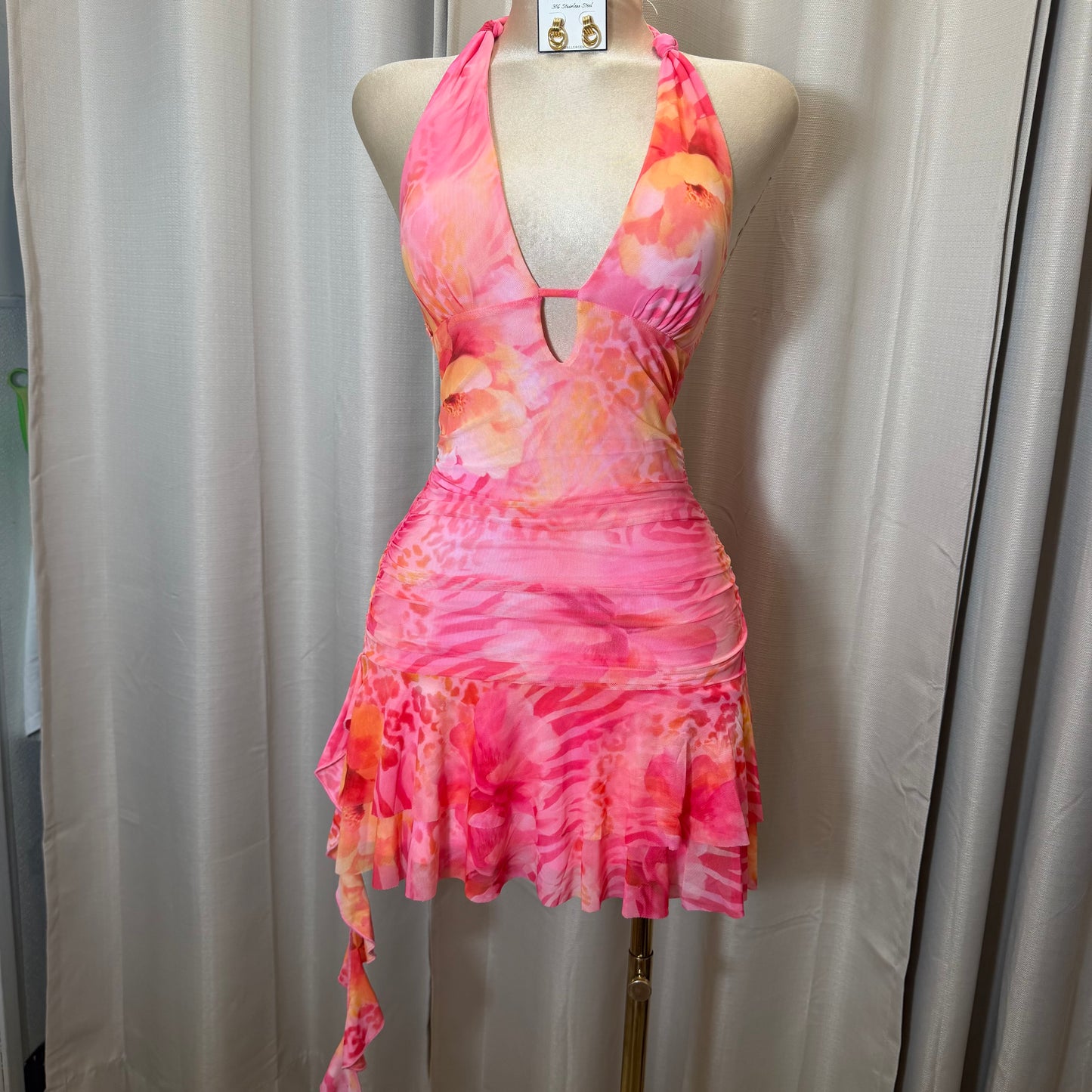 Halter Leopard flower Dress-Pink