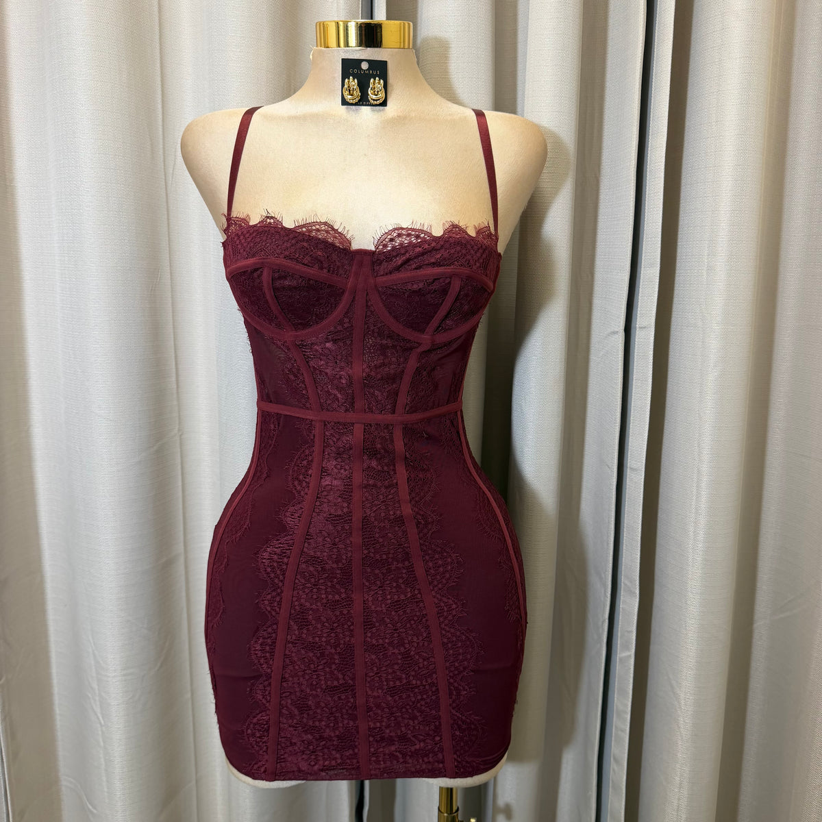 Lace Mesh Dress-Burgundy