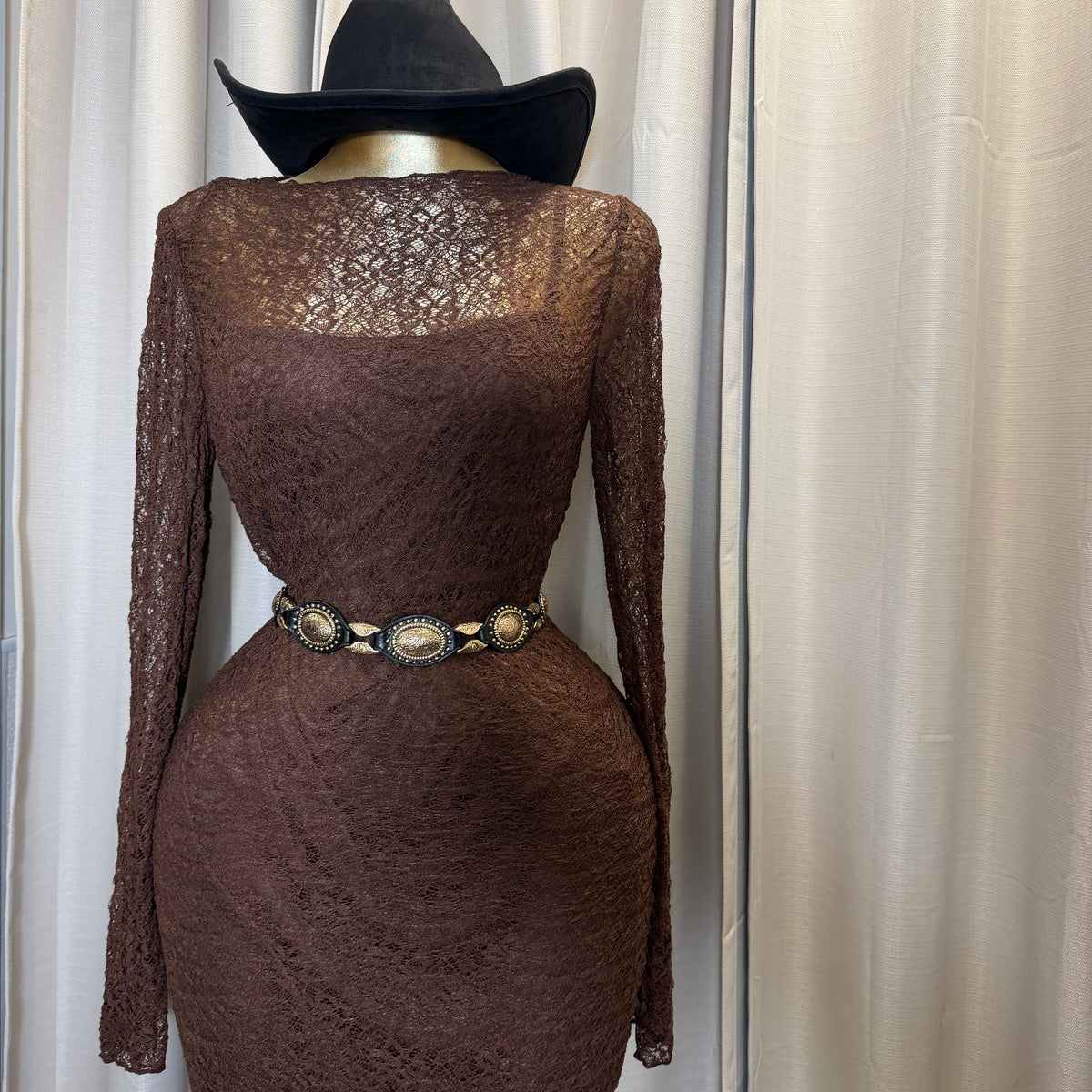 PL- Long sleeve Lace Midi Dress-Brown