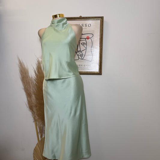 PL- Satin Midi Skirt-Sage Green