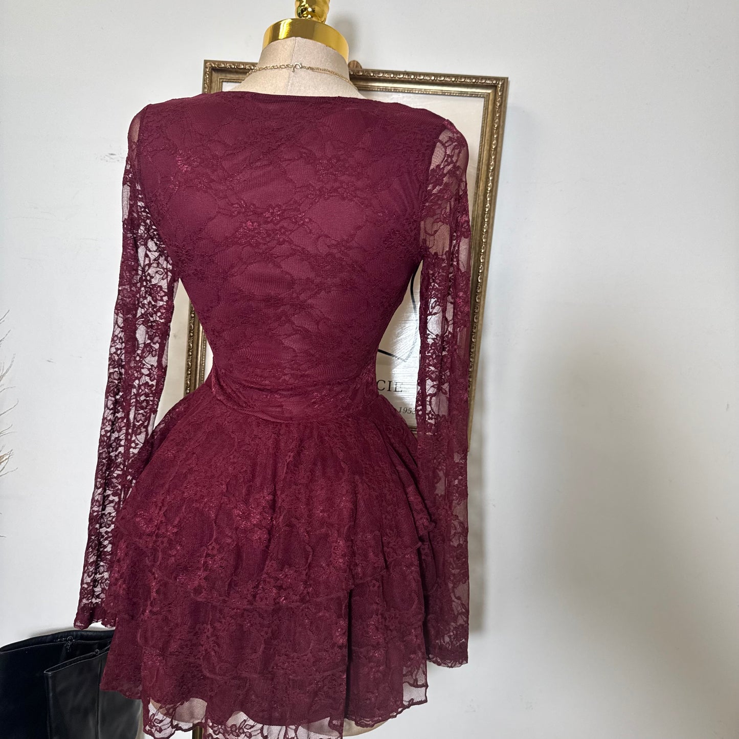 Lace Long Sleeve Ruffle Layered Mini Dress-Burgundy