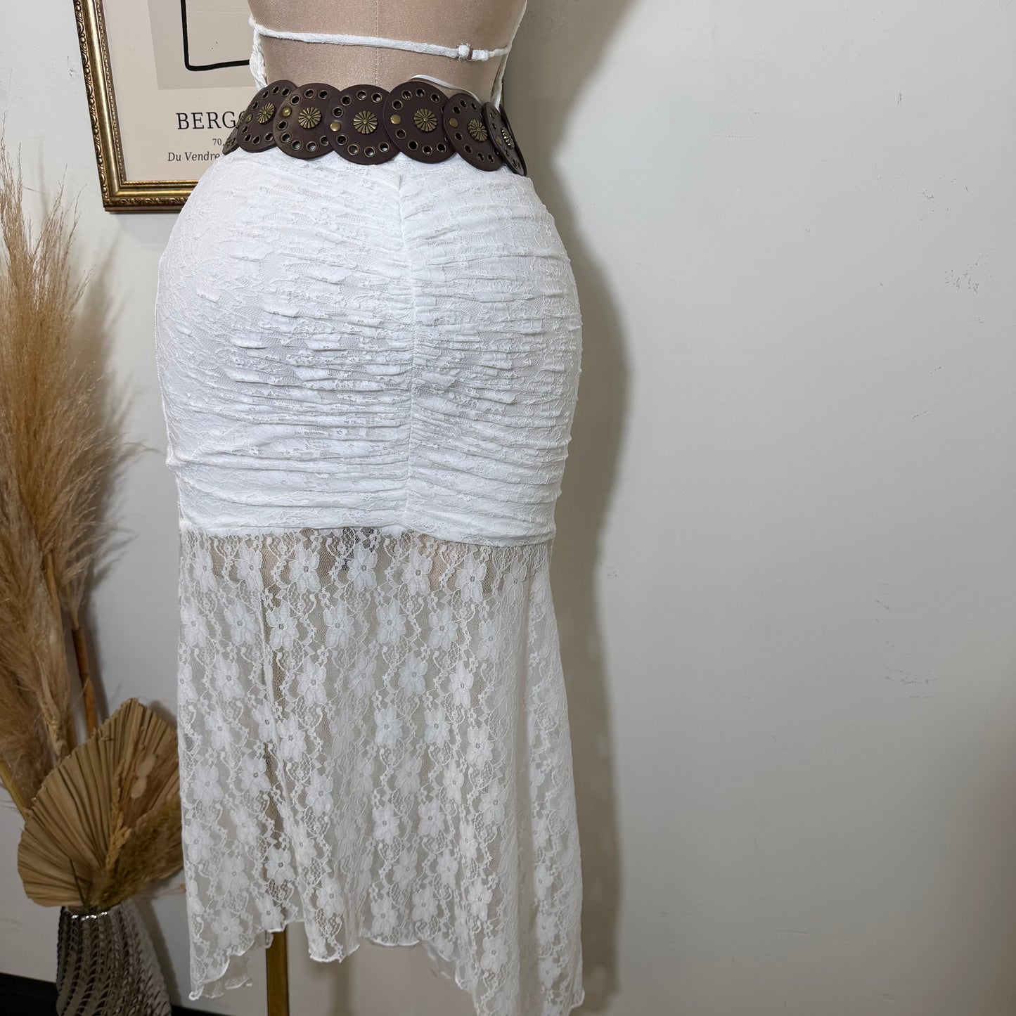 Lace Ruched Halter Maxi Dress-Ivory