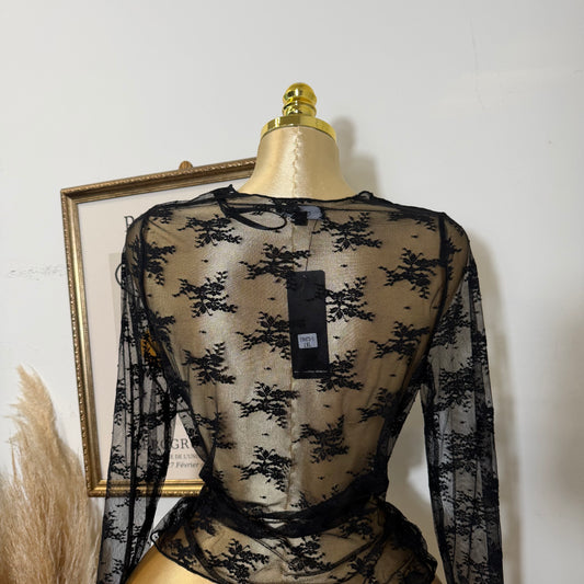 PL Long sleeve sheer lace Mesh Top-Black