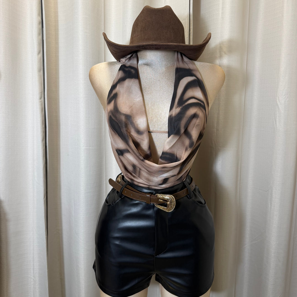 Cowl halter neck bodysuit-Black/Brown
