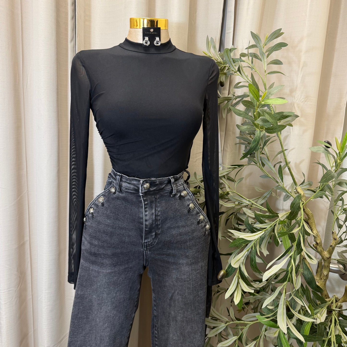 High Waisted Jeans Button On the Side-Black/Grey