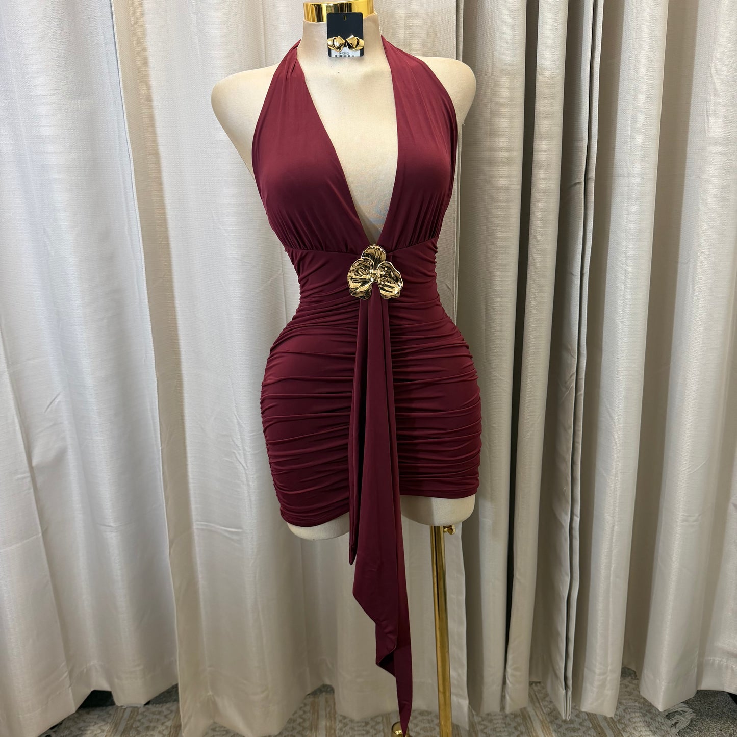 Orchid Halter Ruched front panel Mini Dress-Burgundy