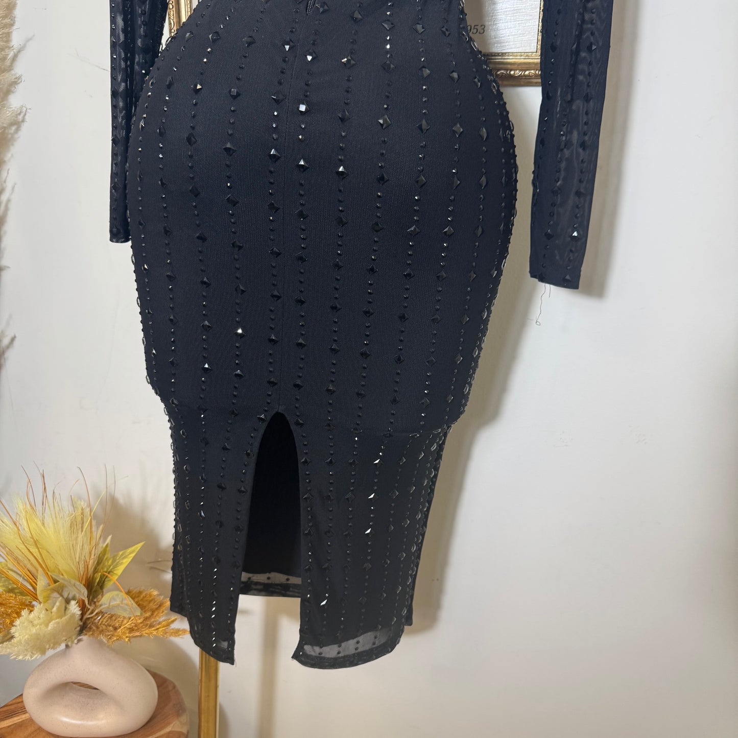 Square Rhinestone On Mesh Midi Dress-Black