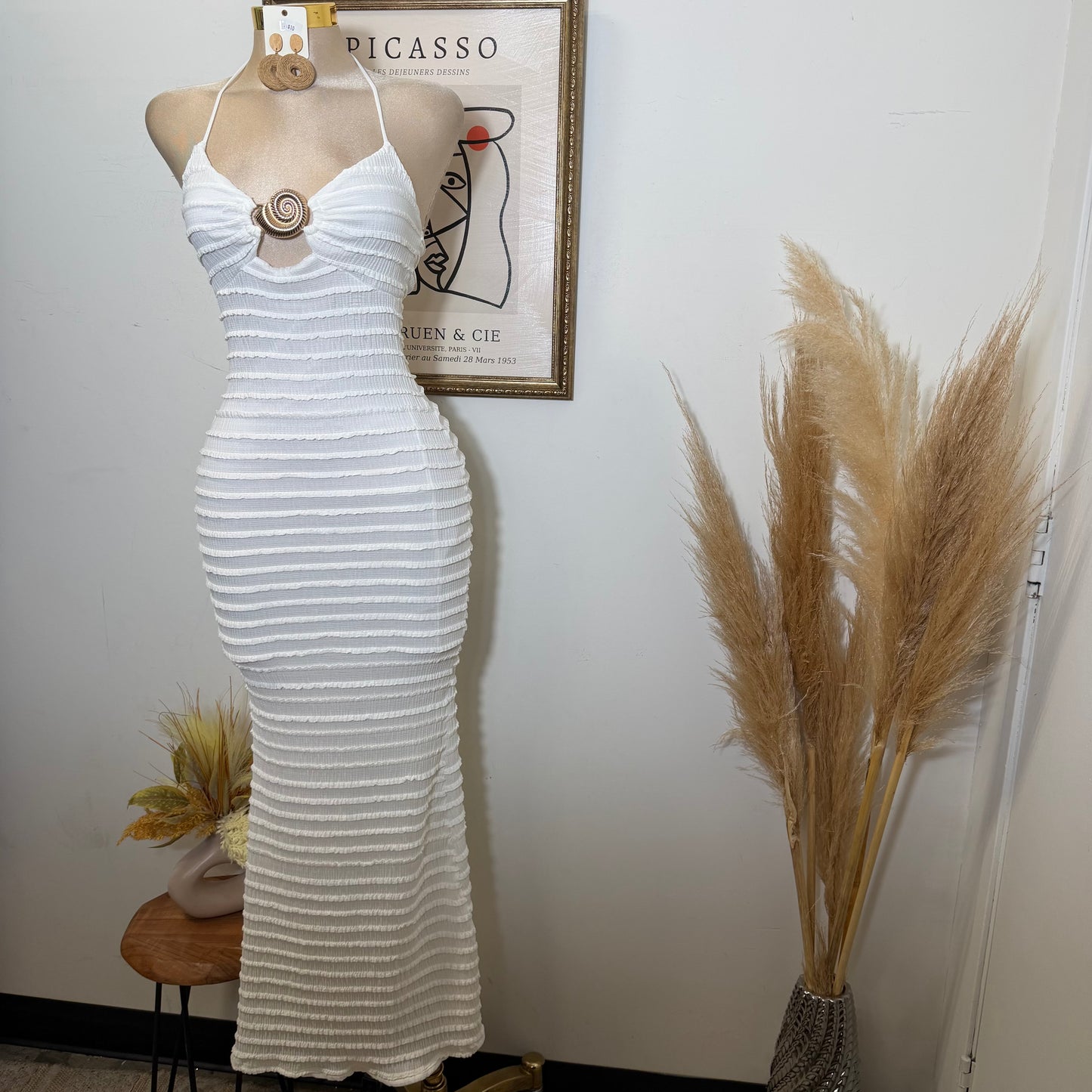 Texture Fabric Turban Shell Metal Trim Halter Maxi Dress-Ivory