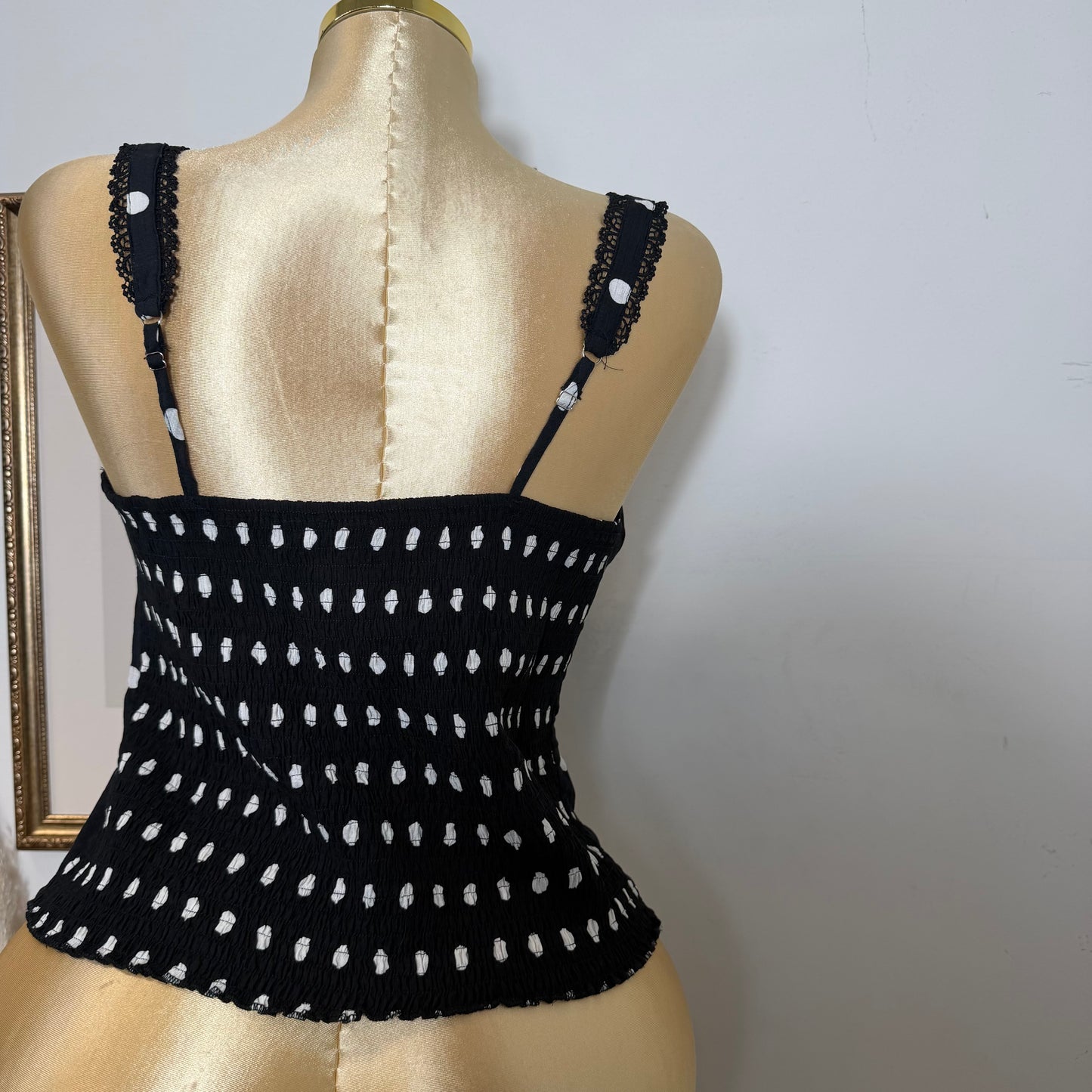 PL-Polka Dot Corset Tank Top with Smocked back- Black/White