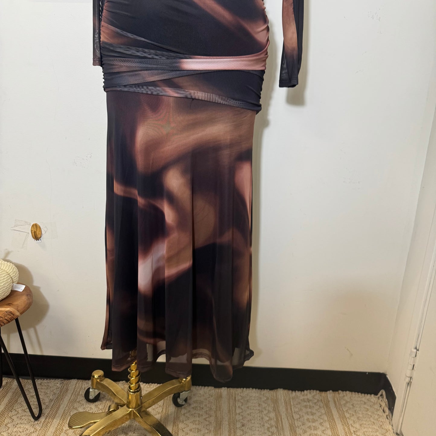 Geographic Mesh Maxi Dress-Brown Combo