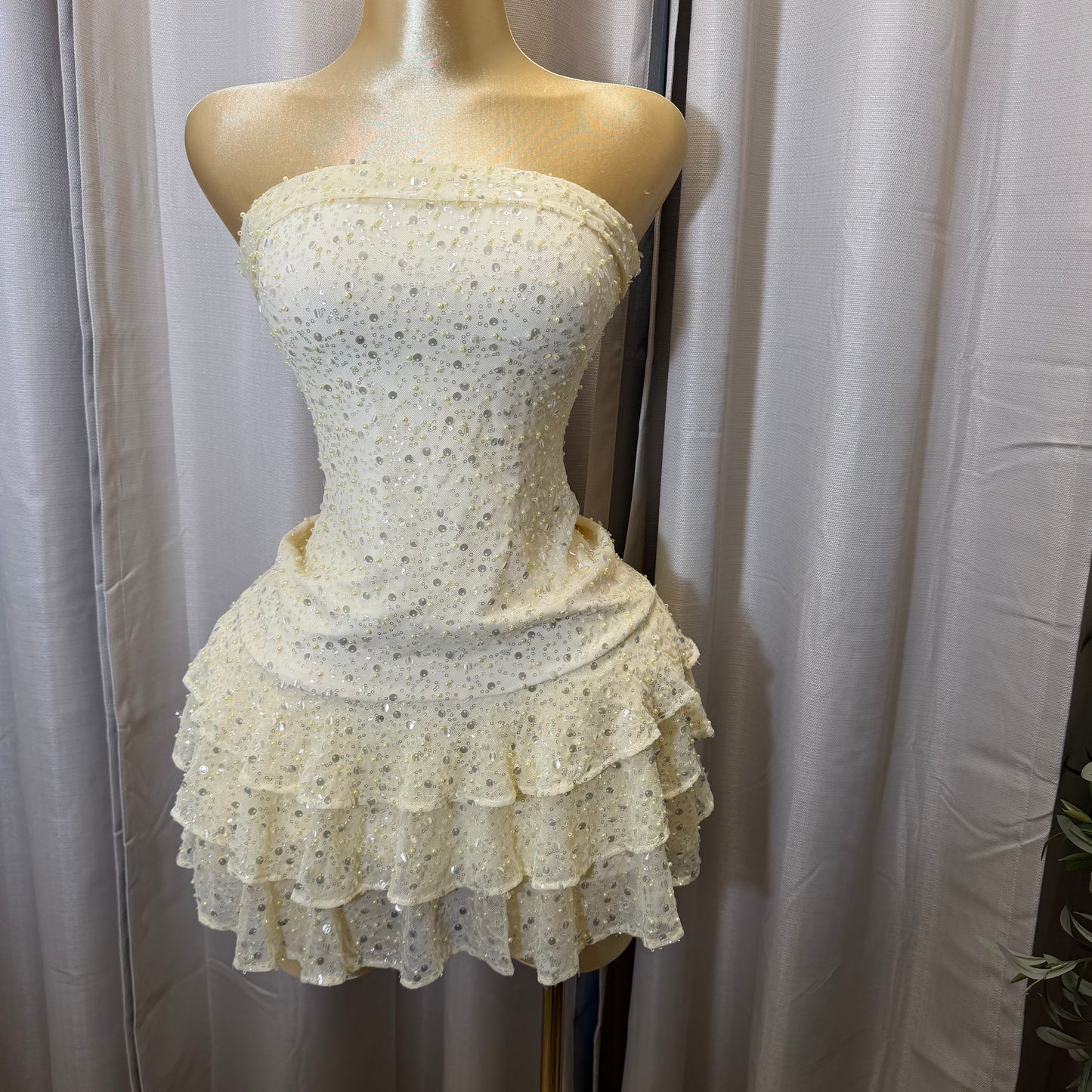 Beads Sequins Pearls Fold Over Triple Layer Mini Dress-Butter Yellow