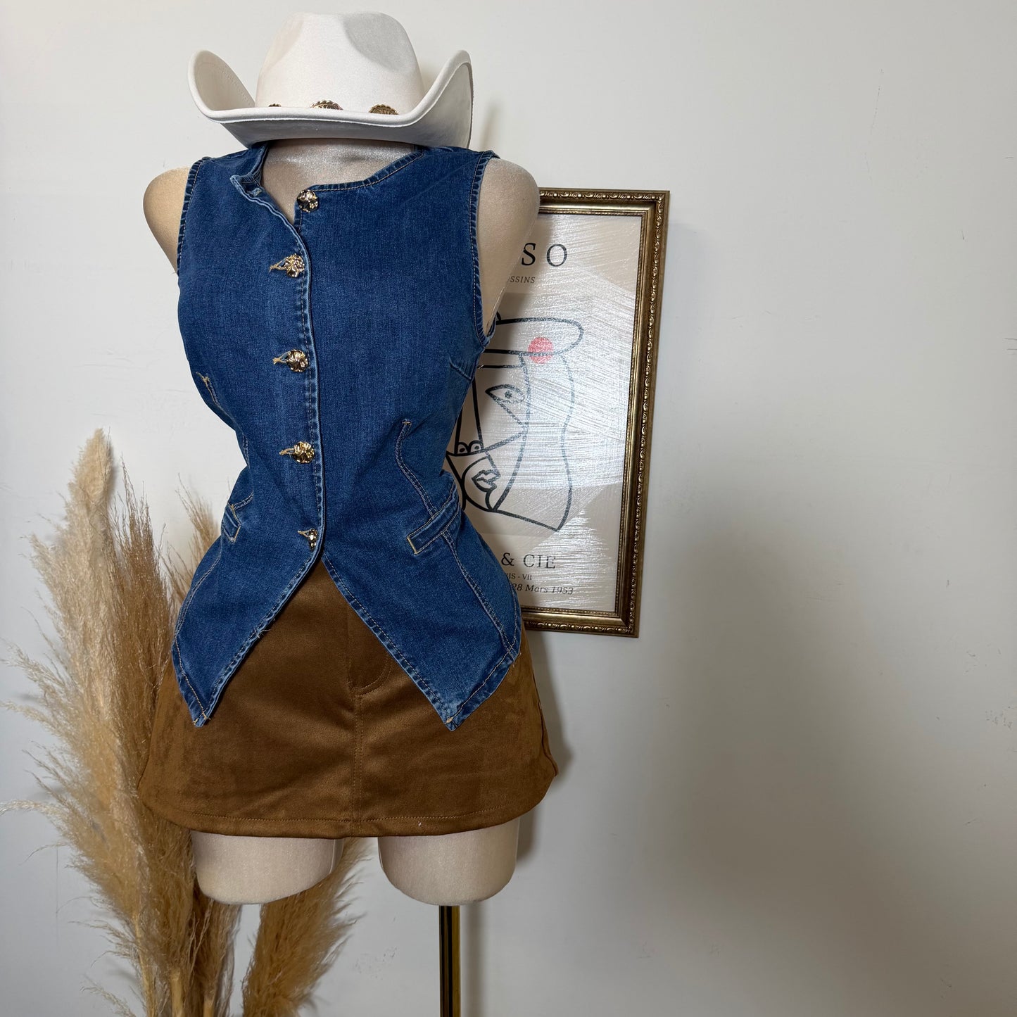 Crew Neck Denim Vest-Blue