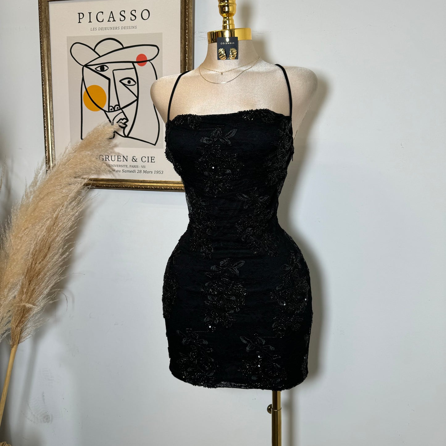 Floral Lace with Bead Cowl Neck Dress-Black